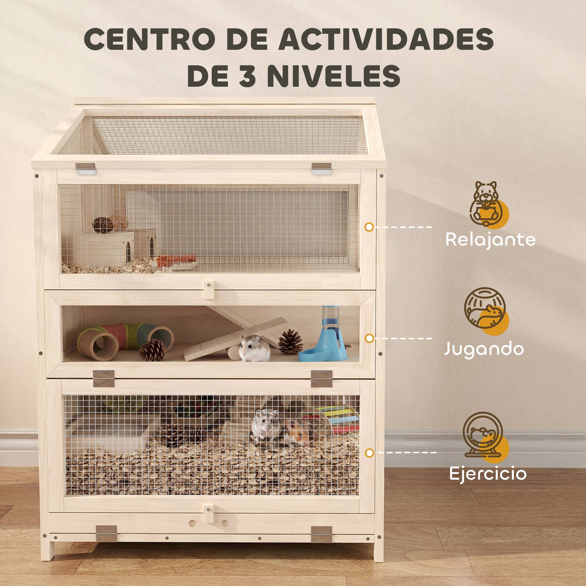 Cage en bois à 3 niveaux pour hamster, avec biberons, maisons, jouets à bascule, plateau amovible et couvercles à charnières - Naturel - Image 6