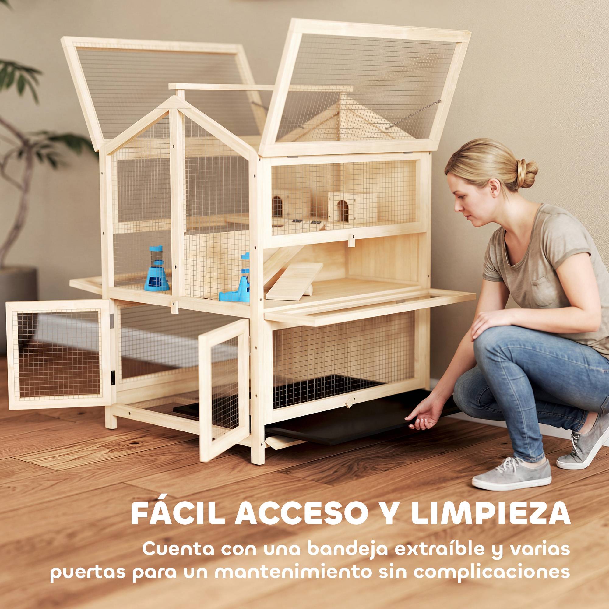 Cage en bois à 3 niveaux pour hamster, avec biberons, maisons, jouets à bascule, plateau amovible et couvercles à charnières - Naturel - Image 9