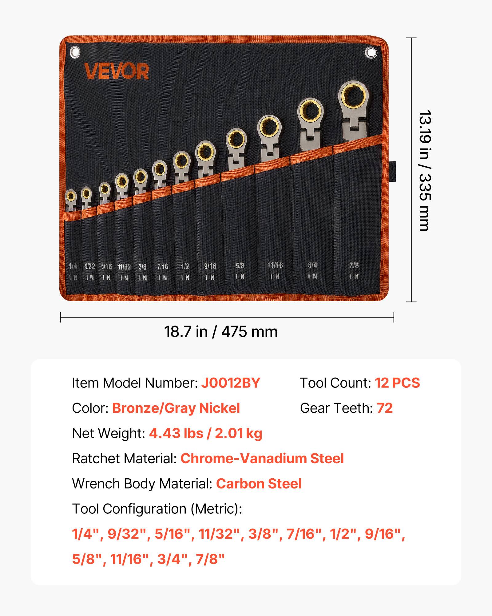 Vevor - VEVOR Jeu de clés mixtes 12 pcs, clé plate à cliquet tête flexible 180°, 72 dents, acier Cr-V, SAE, avec pochette enroulable - Image 6