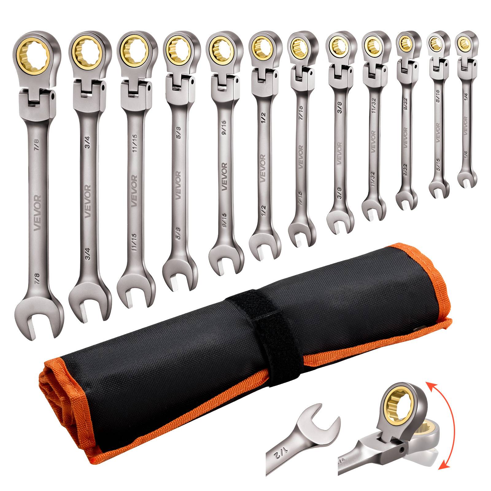 Vevor - VEVOR Jeu de clés mixtes 12 pcs, clé plate à cliquet tête flexible 180°, 72 dents, acier Cr-V, SAE, avec pochette enroulable - Image 1