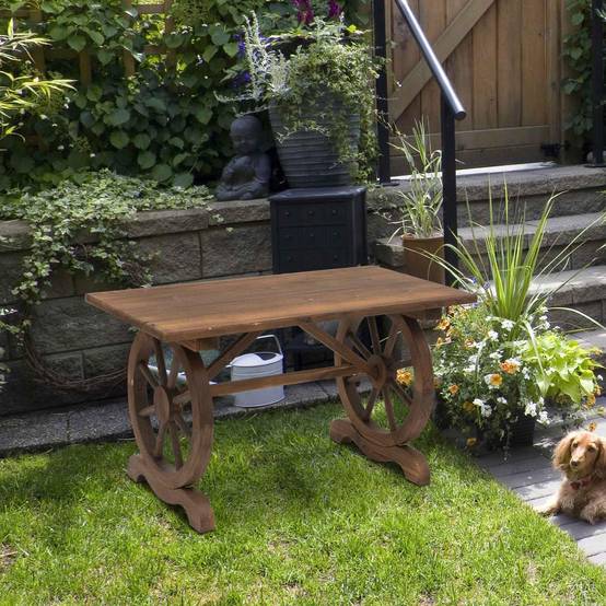 Table de jardin bois massif sapin pour extérieur pieds forme roue finition carbonisée naturel - ComfortXL Outdoor Living - Image 4