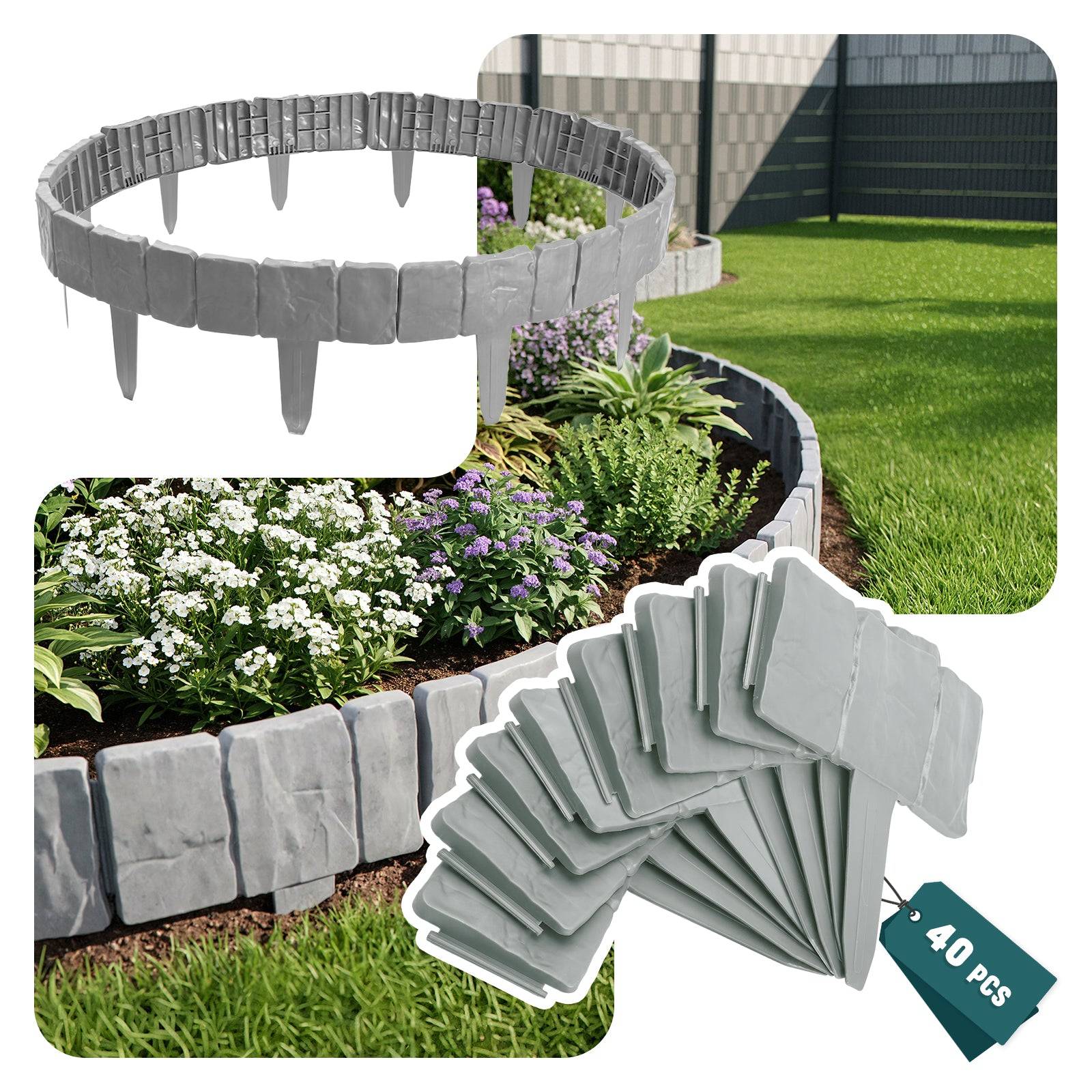 Vounot - Bordure de jardin plastique PP imitation pierre 10m gris clair - Image 1
