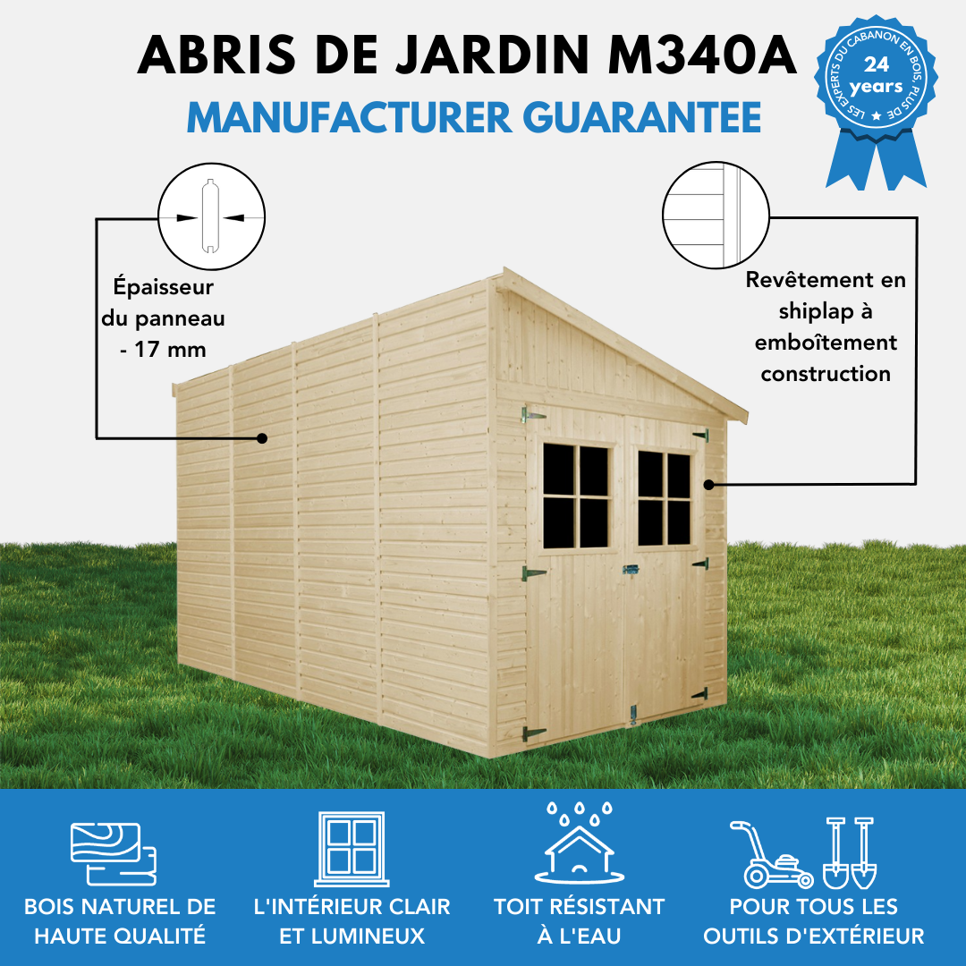 Timbela - Abri de Jardin en Bois Naturel H244x218x416 cm / 8 m² avec paroi latérale et fenêtres - 17 mm d’épaisseur - Timbela M340A - Image 8