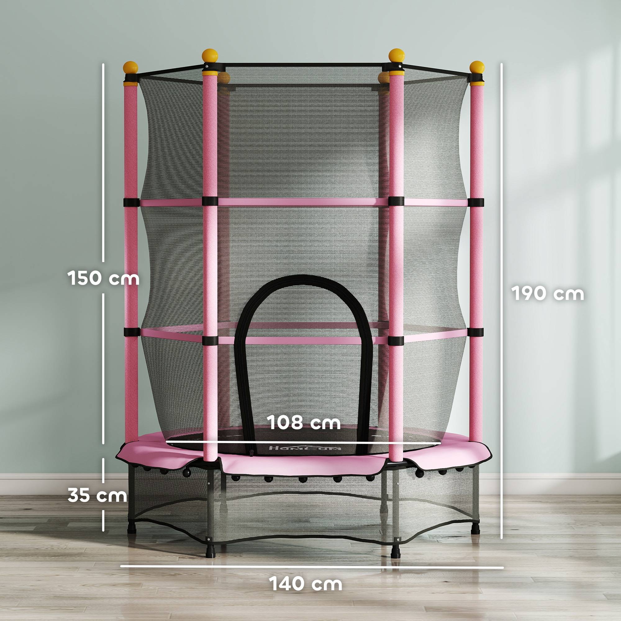 Trampoline Enfant Ø 1,40 × 1,90H m Filet de sécurité Porte zipée Couvre-Ressorts 6 poteaux rembourrés Inclus - Image 5