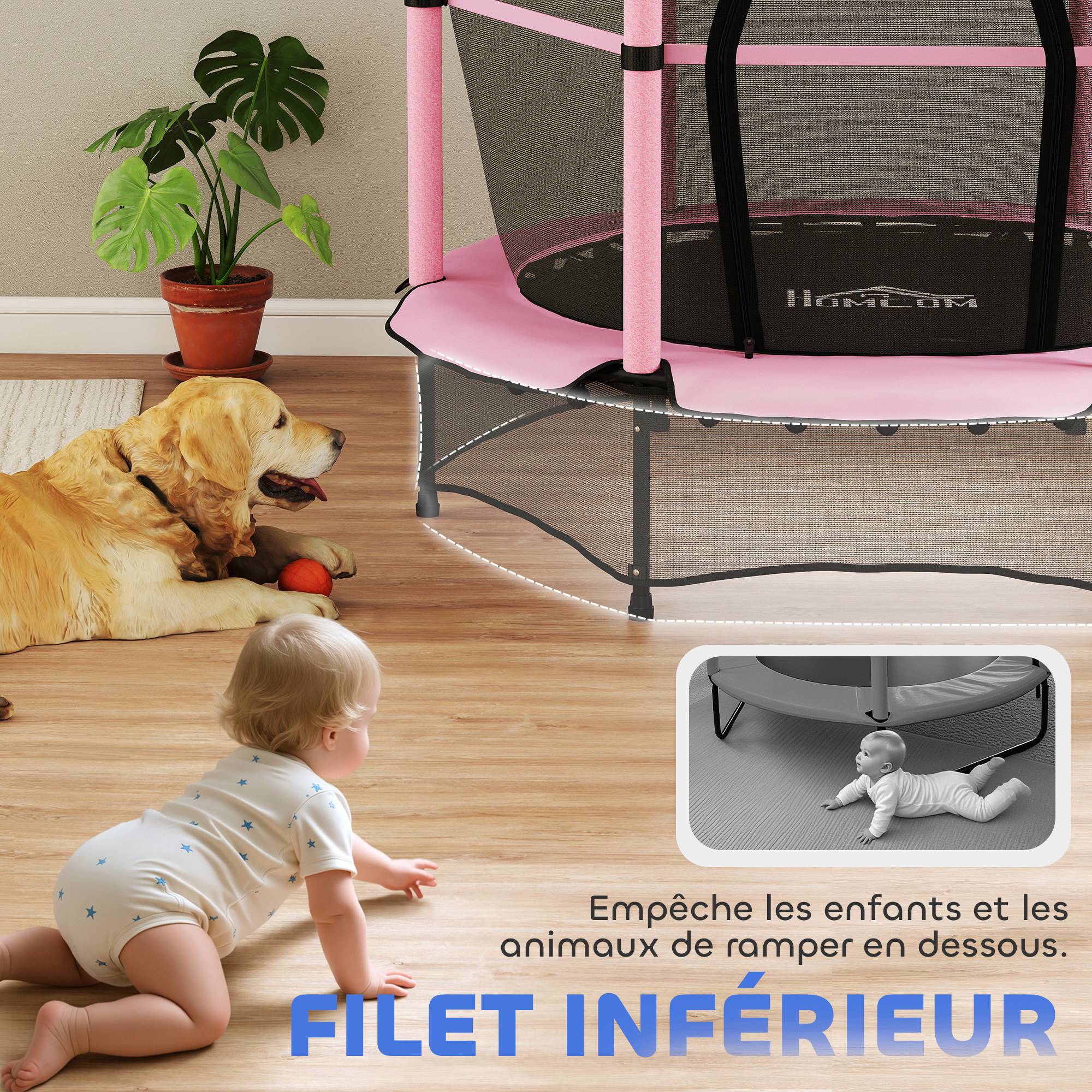 Trampoline Enfant Ø 1,40 × 1,90H m Filet de sécurité Porte zipée Couvre-Ressorts 6 poteaux rembourrés Inclus - Image 10