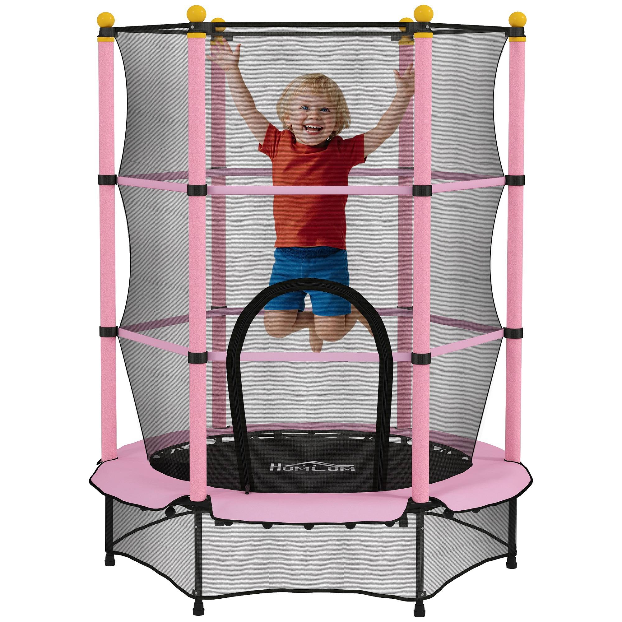 Trampoline Enfant Ø 1,40 × 1,90H m Filet de sécurité Porte zipée Couvre-Ressorts 6 poteaux rembourrés Inclus