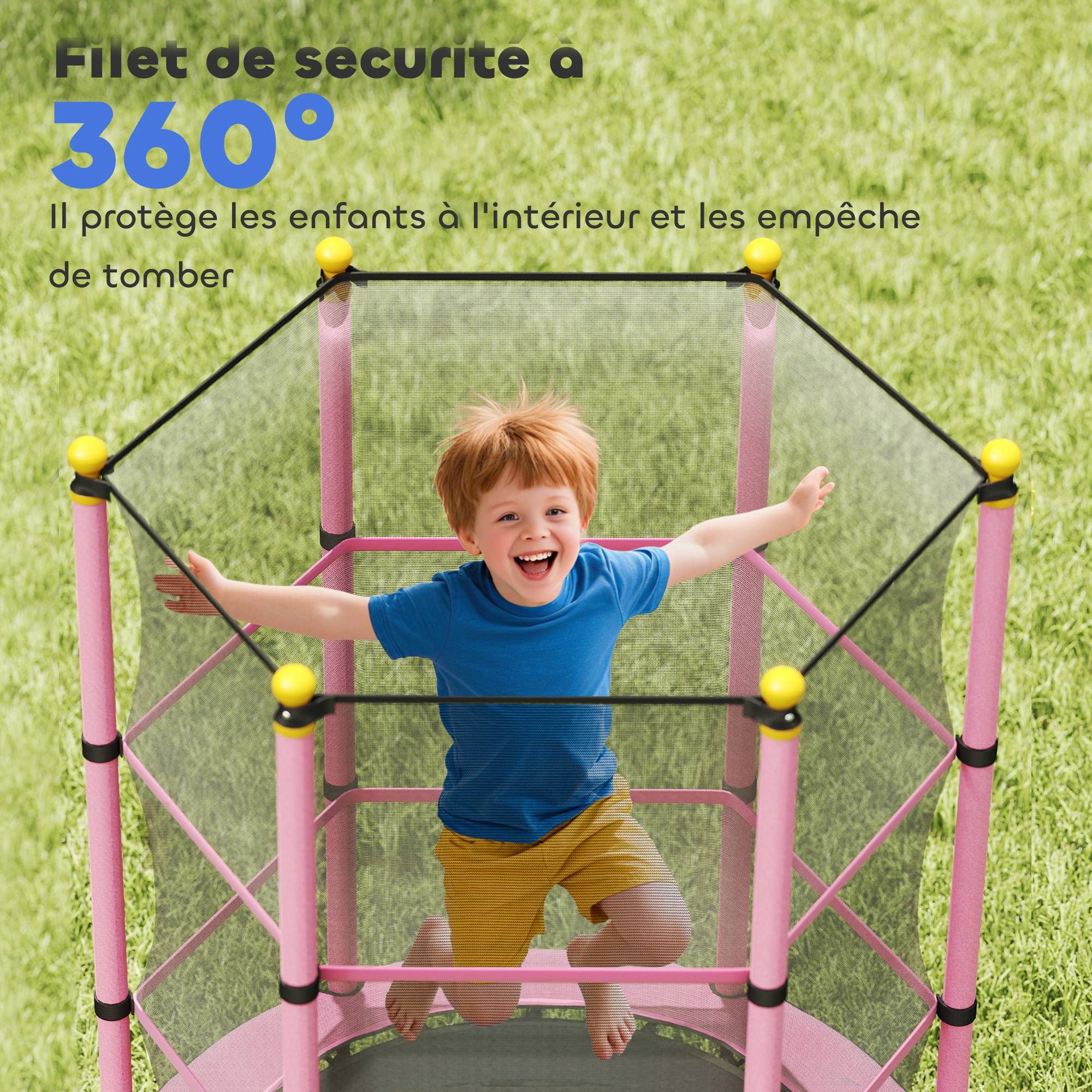 Trampoline Enfant Ø 1,40 × 1,90H m Filet de sécurité Porte zipée Couvre-Ressorts 6 poteaux rembourrés Inclus - Image 9