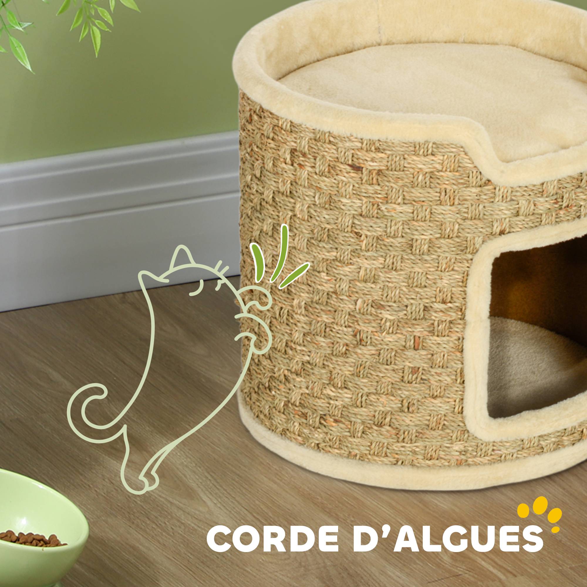 ComfortXL - Tonneau griffoir pour chat en panneaux de particules Ø 38 x 37 cm kaki et beige avec niche et corde en herbe de mer - Image 5
