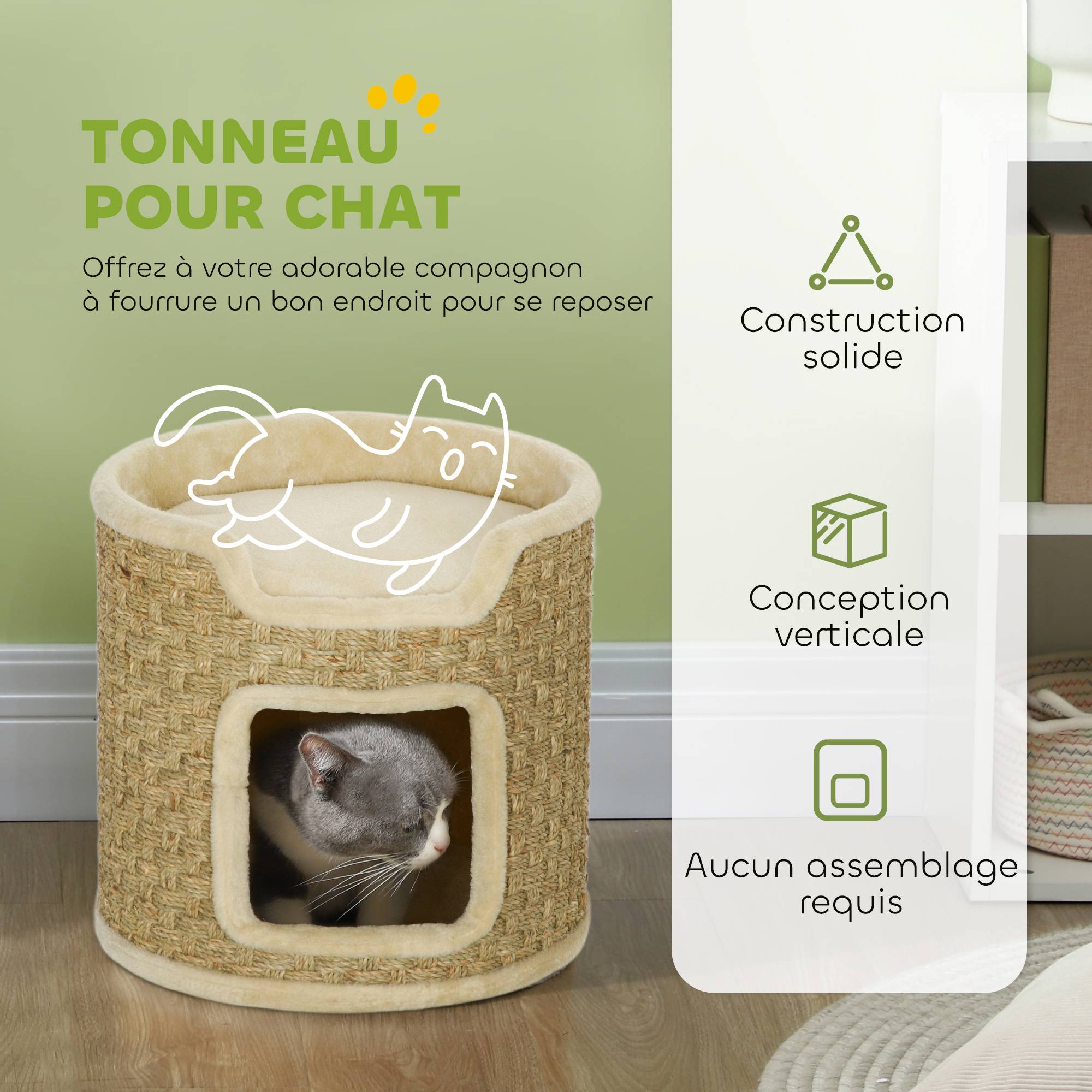 ComfortXL - Tonneau griffoir pour chat en panneaux de particules Ø 38 x 37 cm kaki et beige avec niche et corde en herbe de mer - Image 4