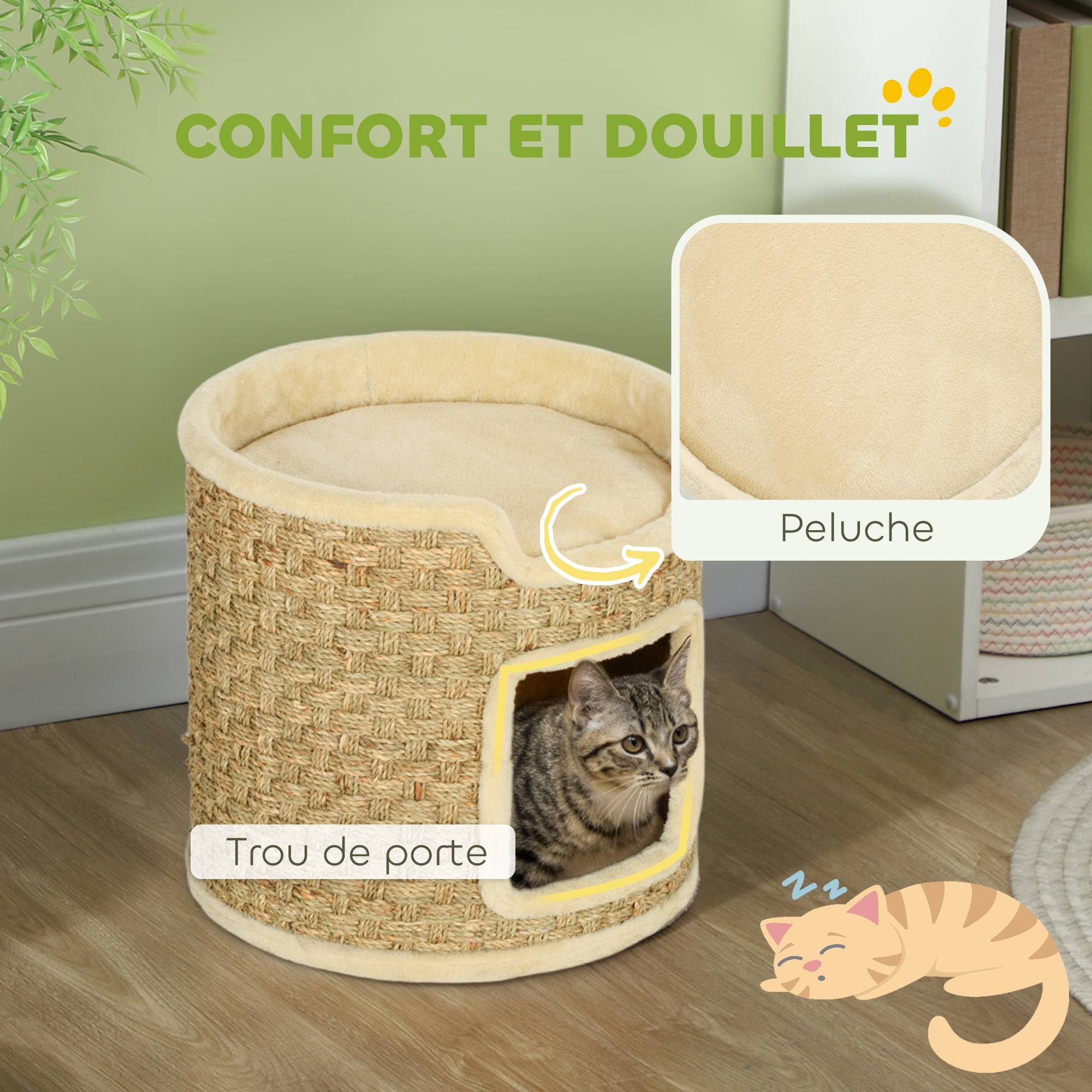 ComfortXL - Tonneau griffoir pour chat en panneaux de particules Ø 38 x 37 cm kaki et beige avec niche et corde en herbe de mer - Image 6
