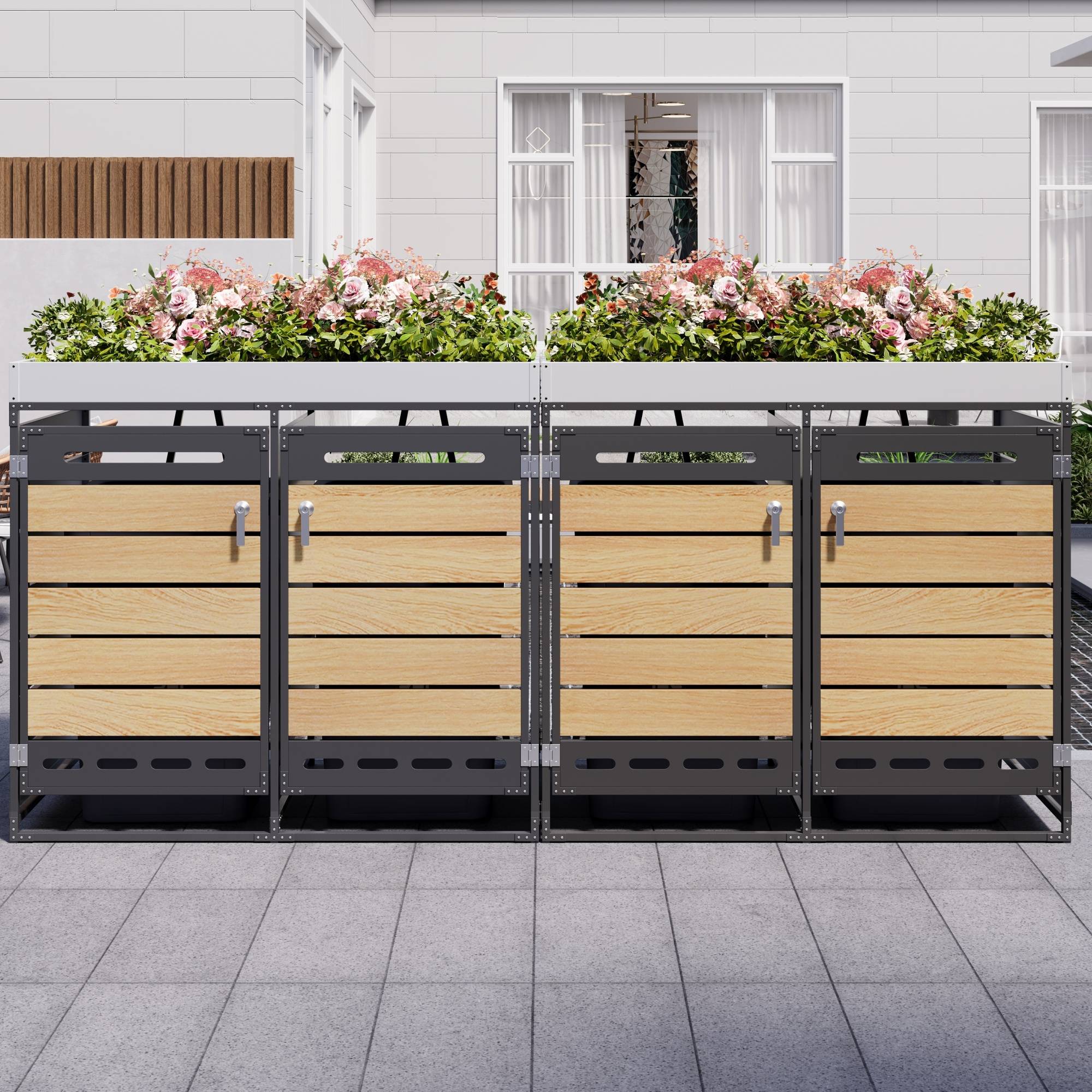 Cache-poubelle 4 bacs avec jardinière acier imitation bois extérieur anti-odeur 262x120cm noir - ComfortXL Outdoor Living - Image 9