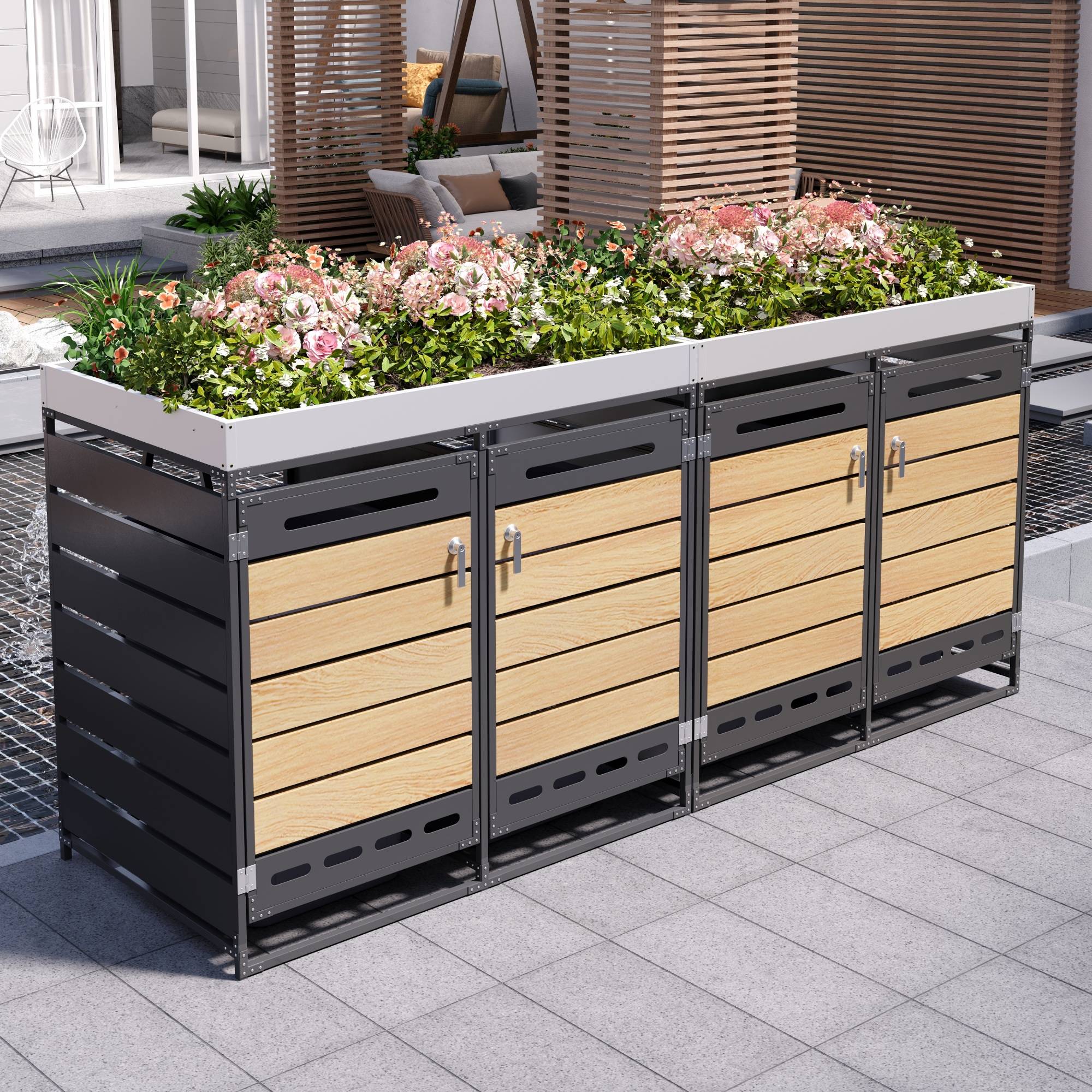 Cache-poubelle 4 bacs avec jardinière acier imitation bois extérieur anti-odeur 262x120cm noir - ComfortXL Outdoor Living - Image 1