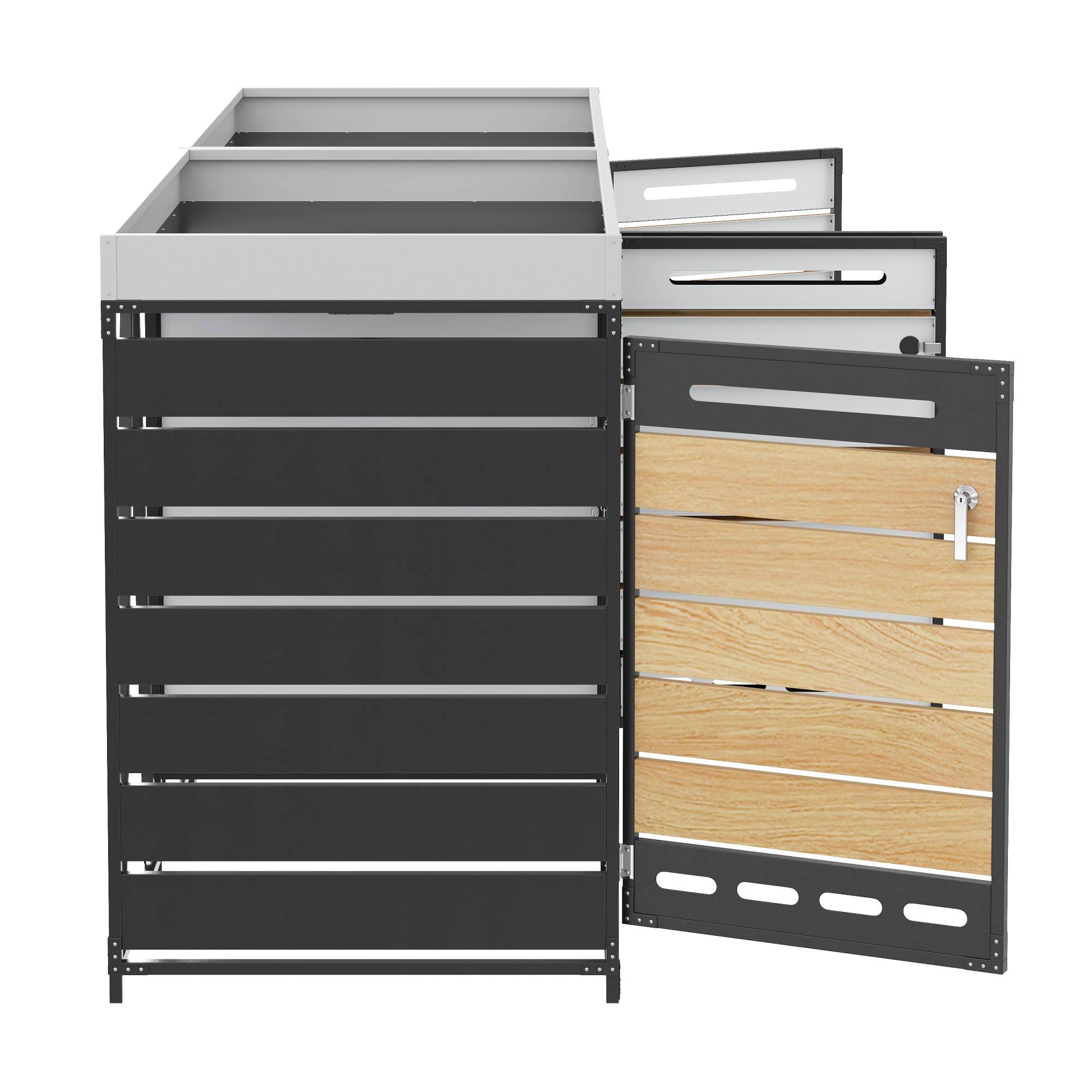 Cache-poubelle 4 bacs avec jardinière acier imitation bois extérieur anti-odeur 262x120cm noir - ComfortXL Outdoor Living - Image 8