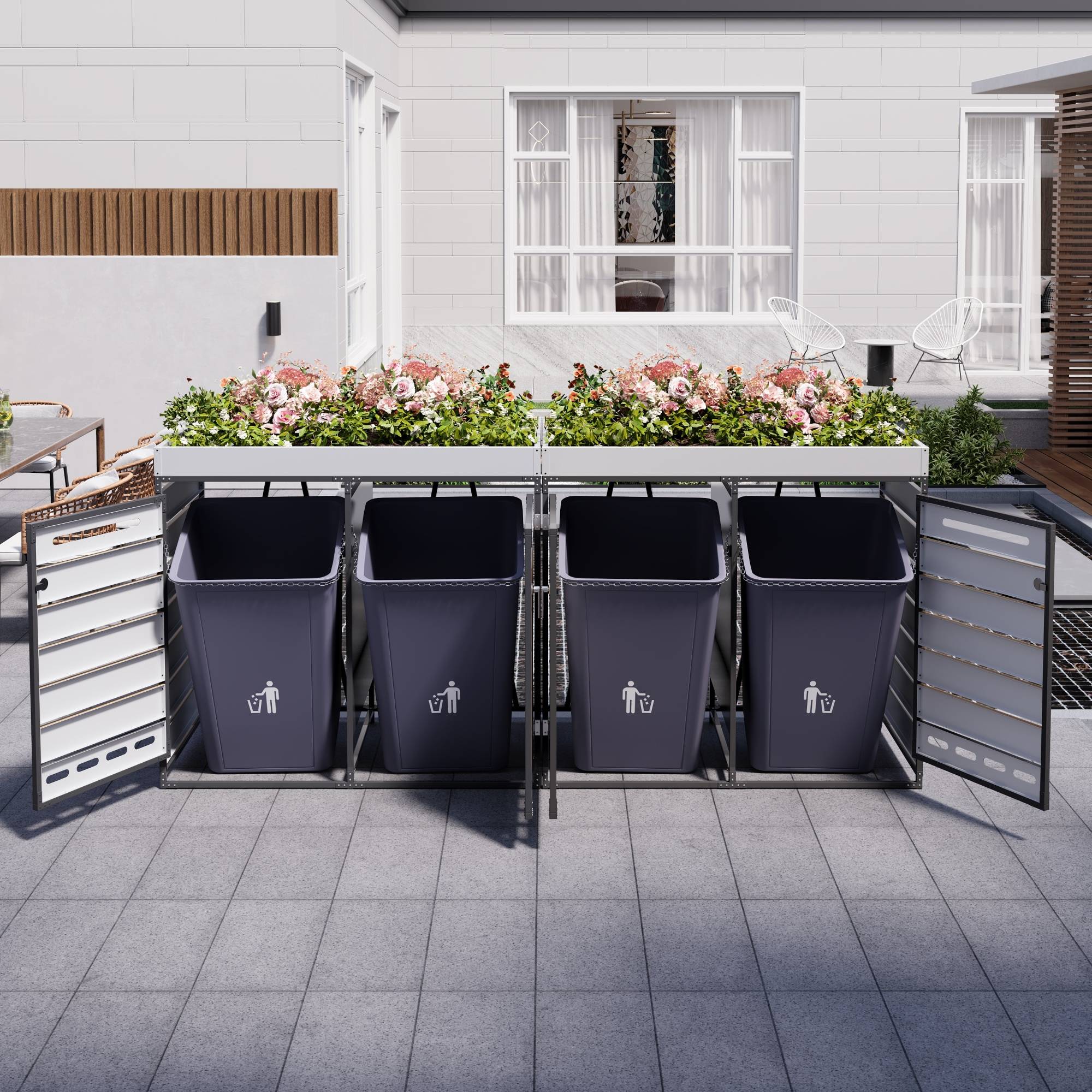 Cache-poubelle 4 bacs avec jardinière acier imitation bois extérieur anti-odeur 262x120cm noir - ComfortXL Outdoor Living - Image 10