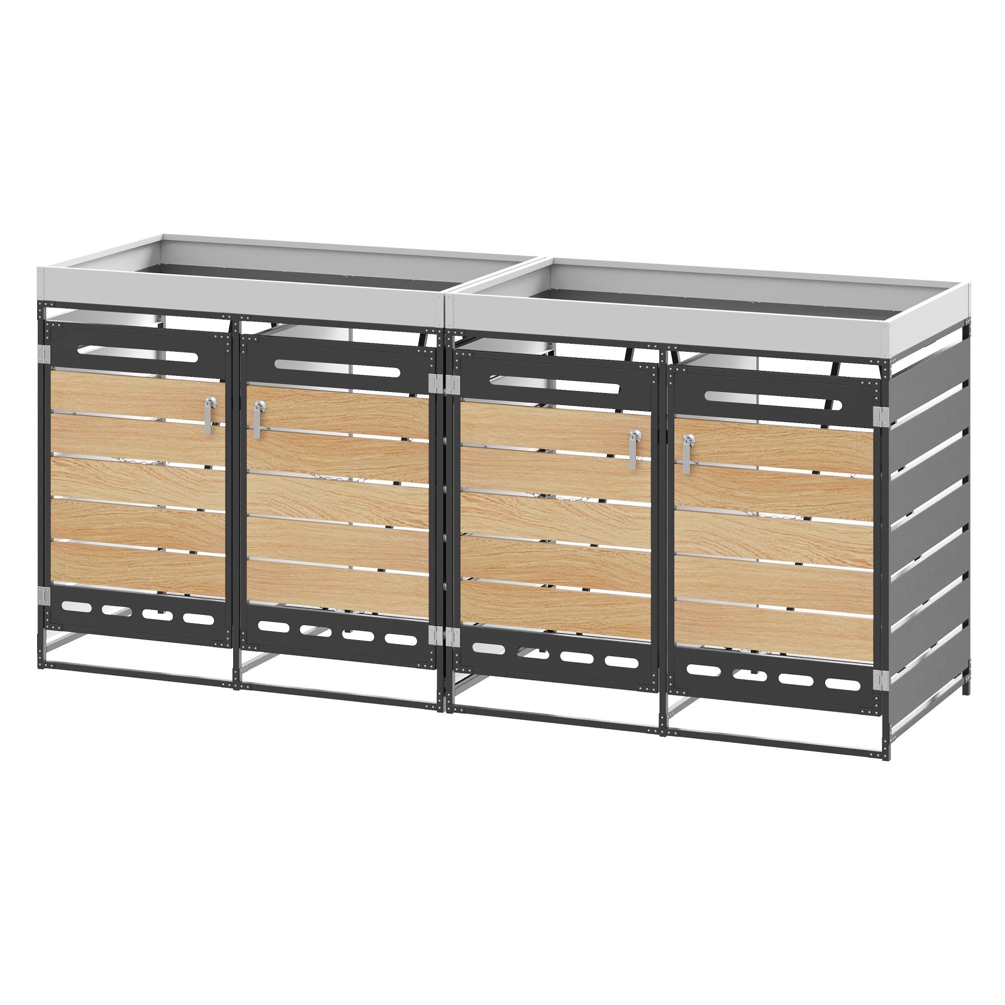 Cache-poubelle 4 bacs avec jardinière acier imitation bois extérieur anti-odeur 262x120cm noir - ComfortXL Outdoor Living - Image 2
