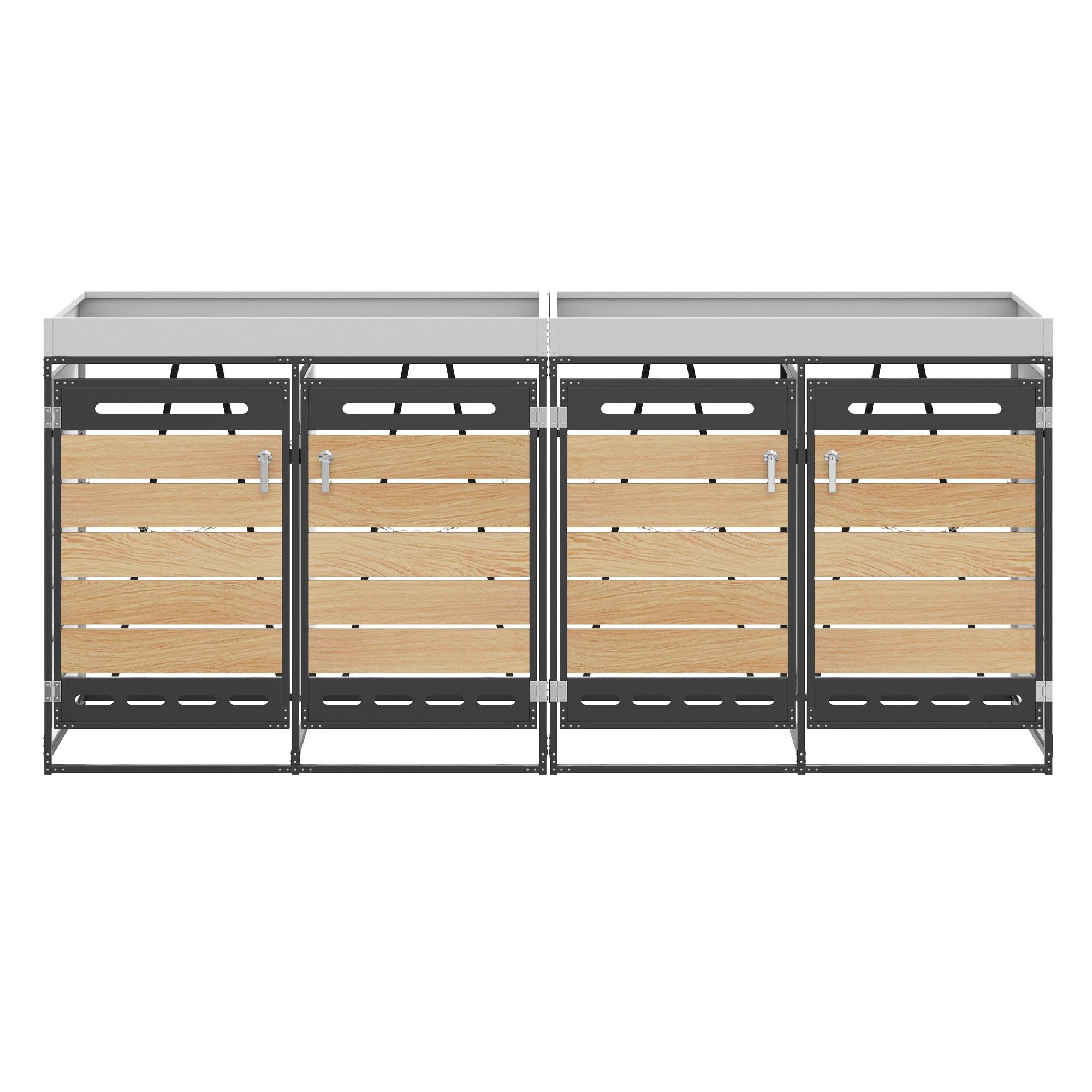 Cache-poubelle 4 bacs avec jardinière acier imitation bois extérieur anti-odeur 262x120cm noir - ComfortXL Outdoor Living - Image 5