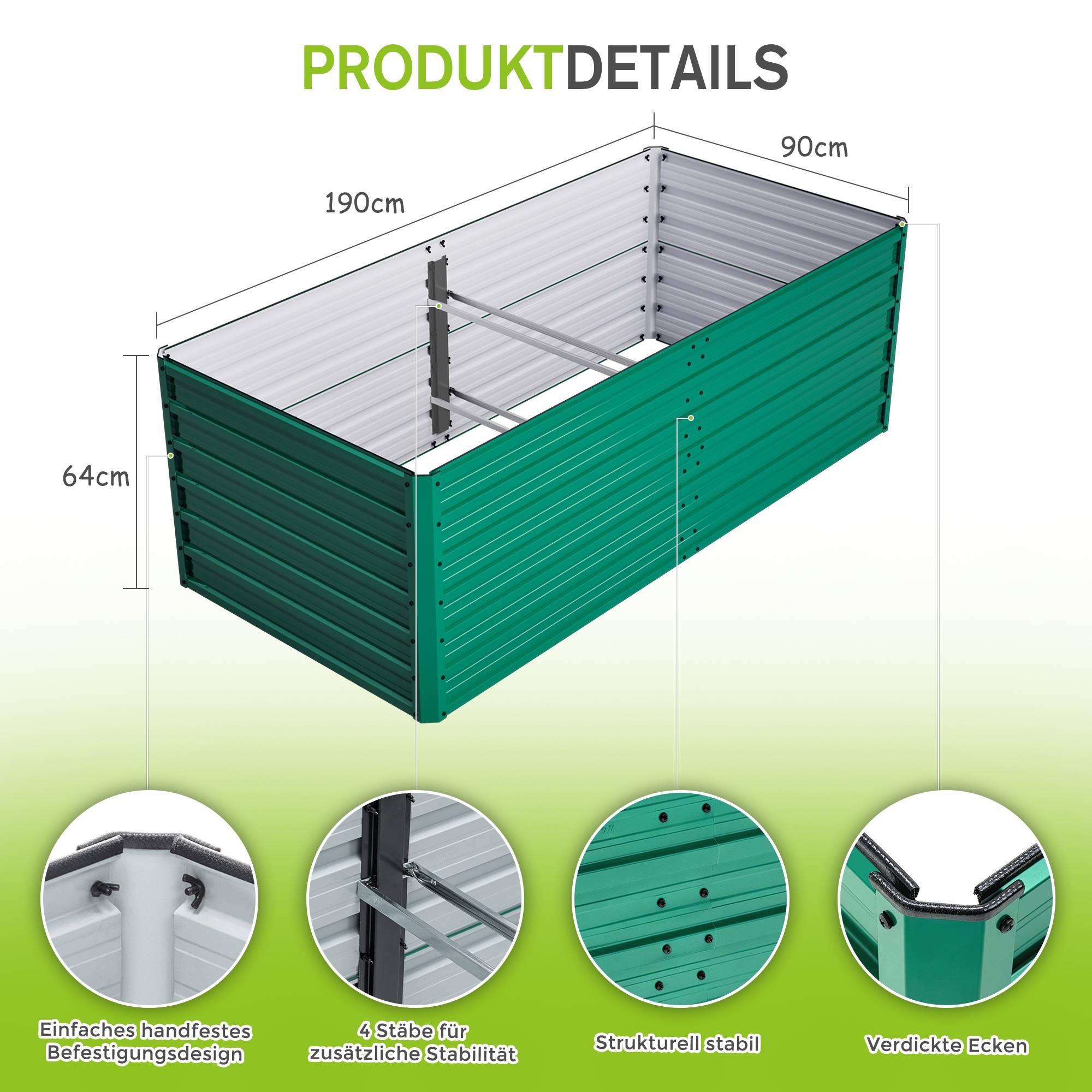 Carré potager surélevé métal pour jardin terrasse drainage optimal 190x90x64cm vert - ComfortXL Outdoor Living - Image 2