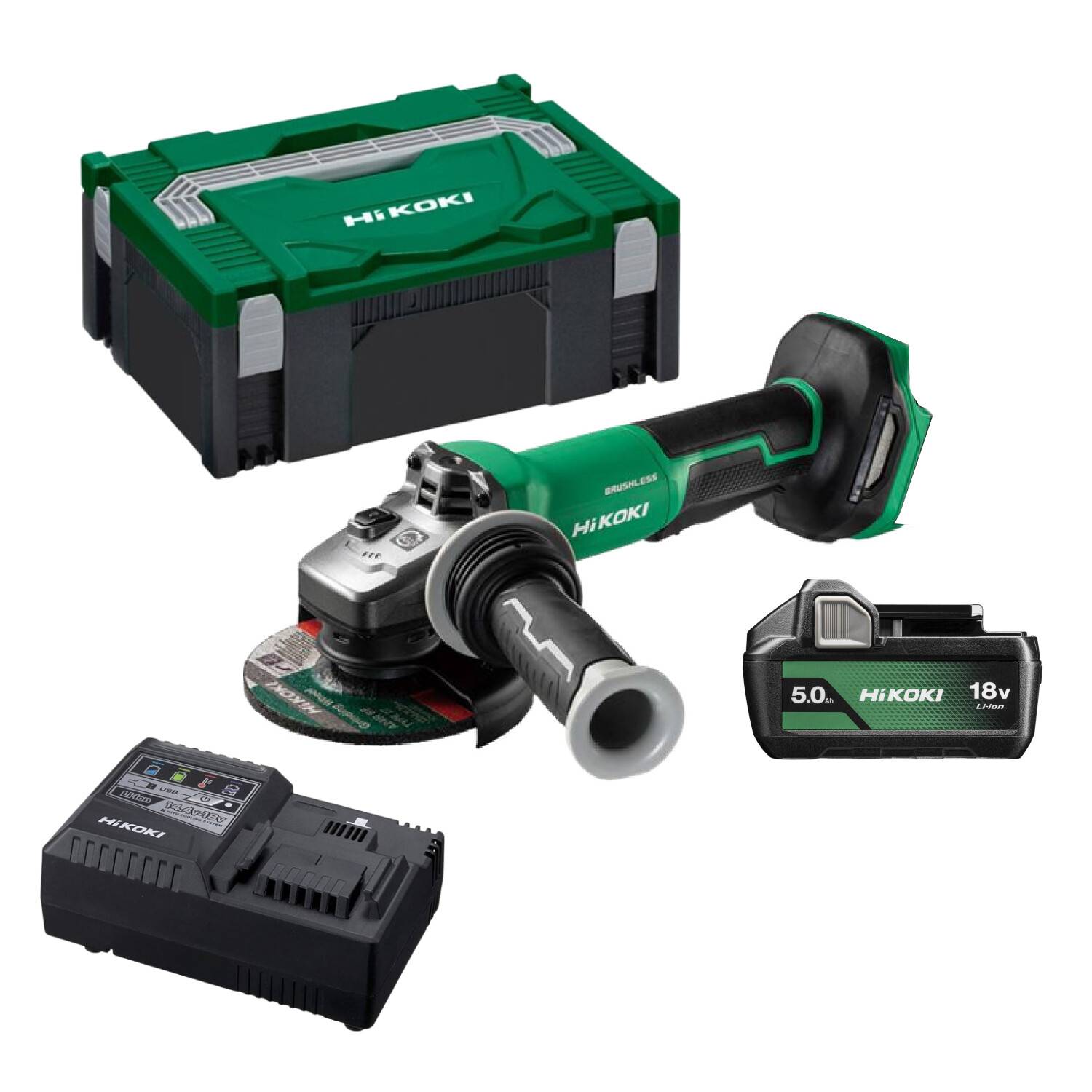 Meuleuse à interrupteur autobloquant et frein Brushless 18 V 125 mm - HIKOKI - avec batterie 18V 5Ah - chargeur - HitCase III - G1813DEWQZ - Image 1