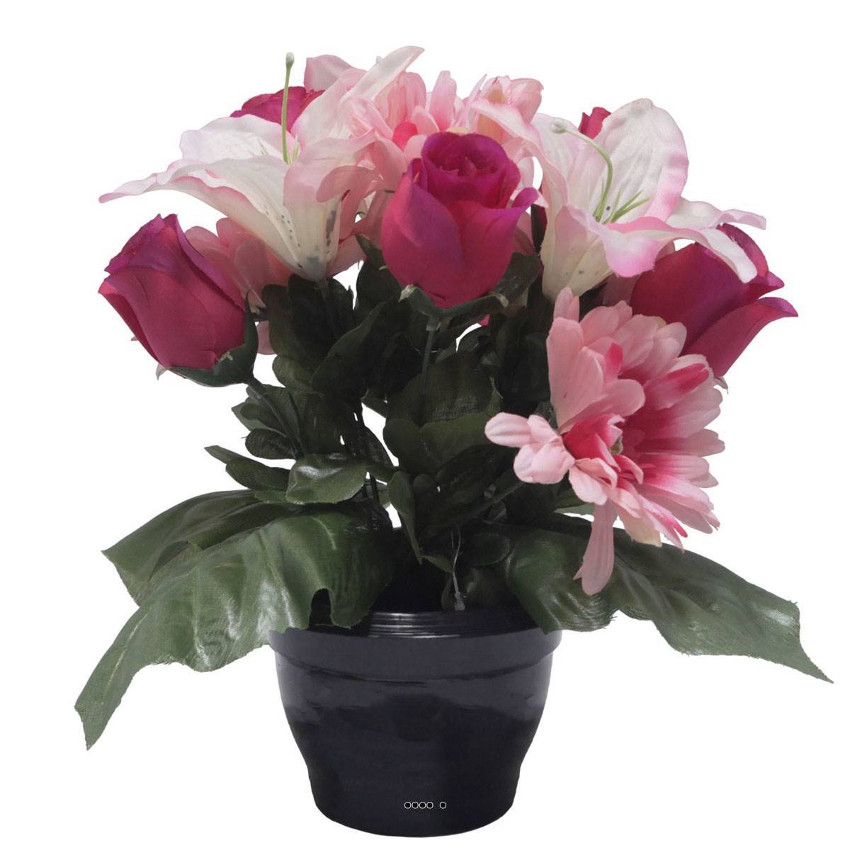 Artificielles - Pot pour Tombe de Bouton de Rose, Gerbera et Lys tigré Rose artificiels - Toussaint - couleur: Rose - Image 1