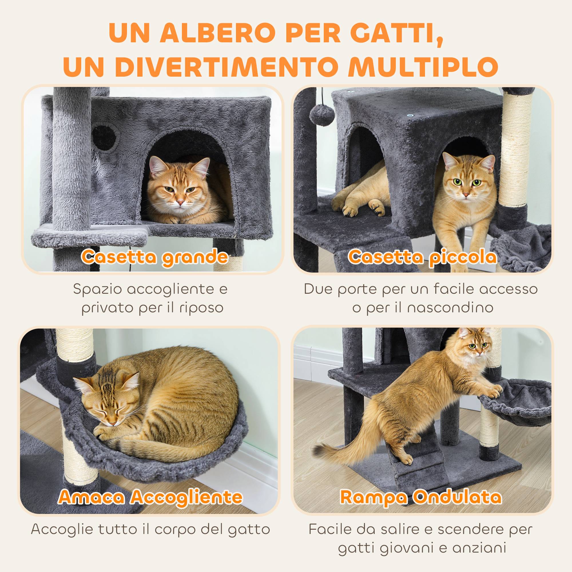 Arbre à chat de 140 cm de haut avec 2 niches, un couchage et un hamac pour 2 à 3 chats, revêtement peluche, gris - Image 6
