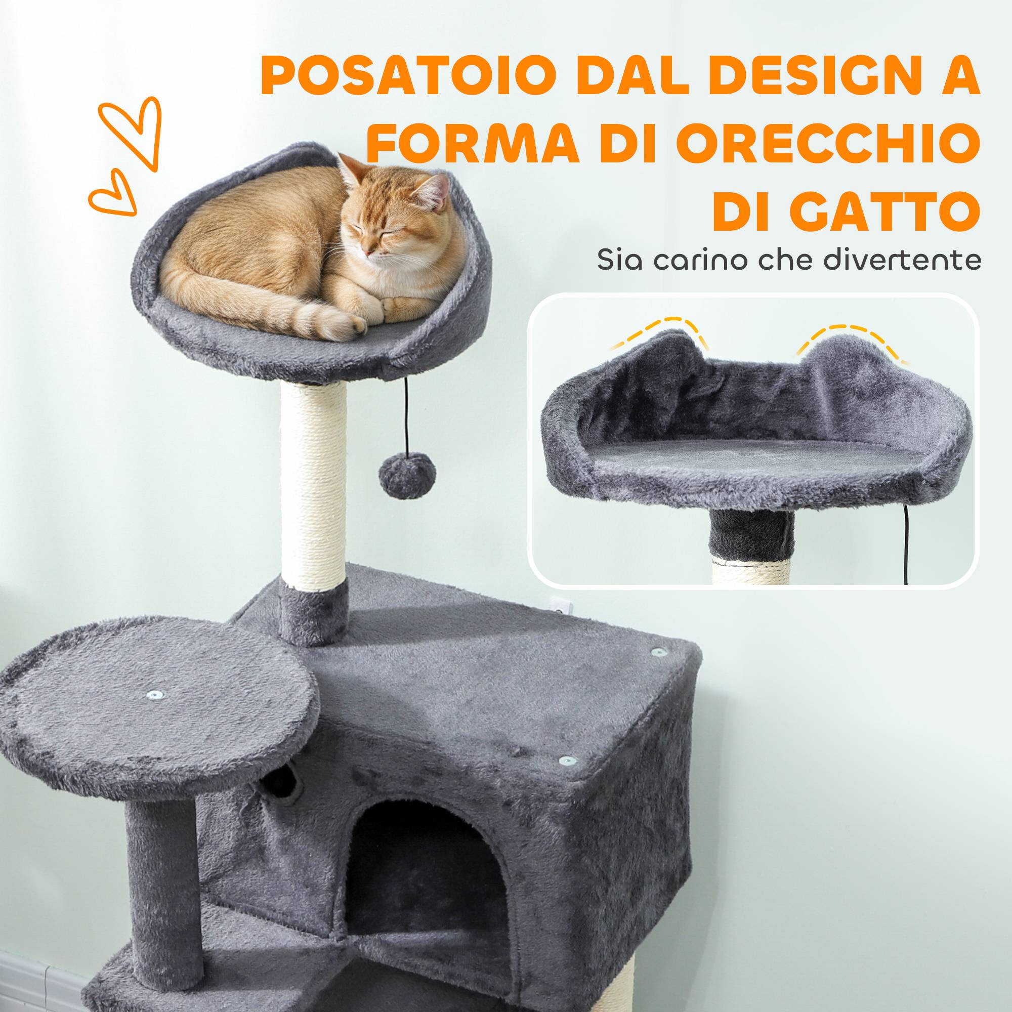 Arbre à chat de 140 cm de haut avec 2 niches, un couchage et un hamac pour 2 à 3 chats, revêtement peluche, gris - Image 7