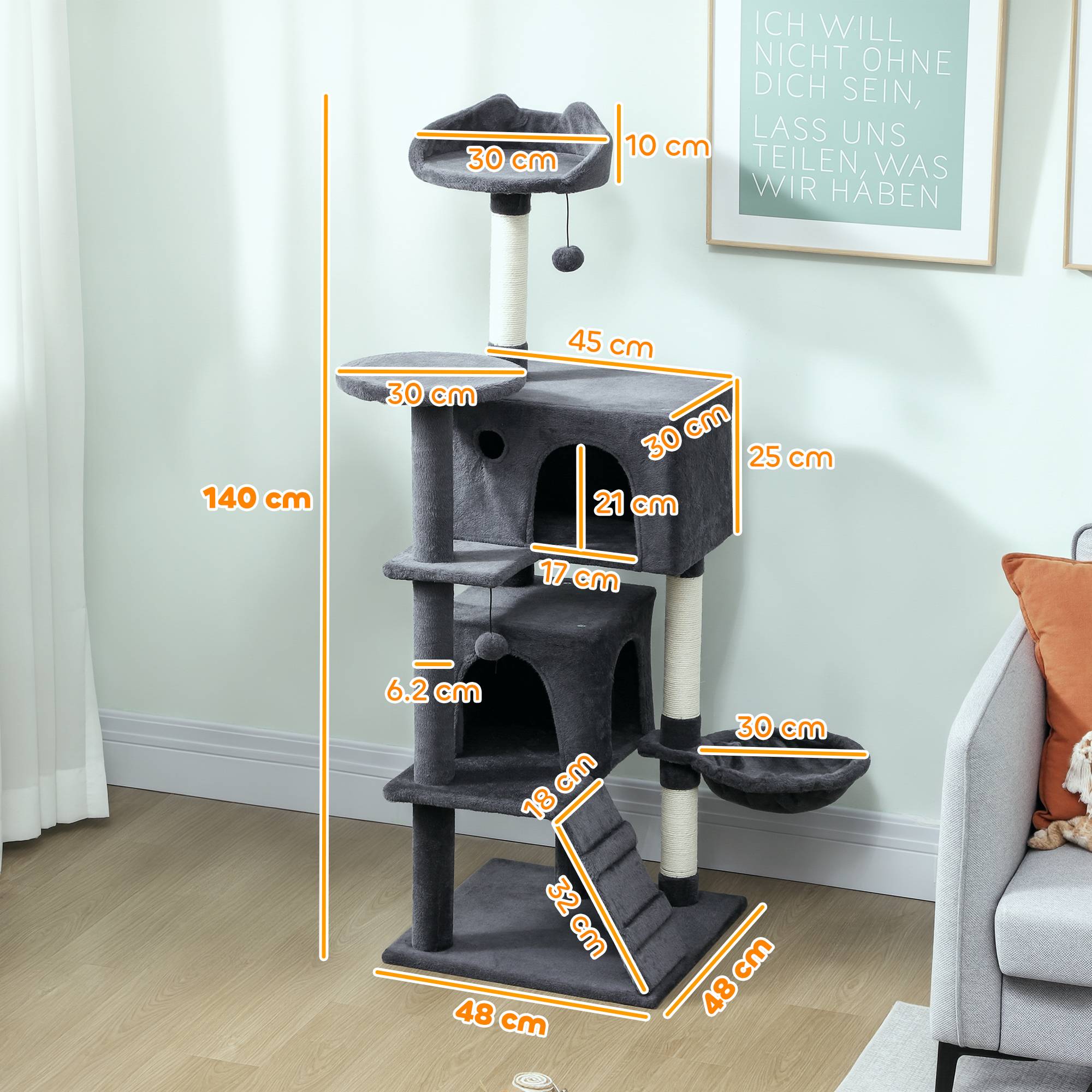 Arbre à chat de 140 cm de haut avec 2 niches, un couchage et un hamac pour 2 à 3 chats, revêtement peluche, gris - Image 5