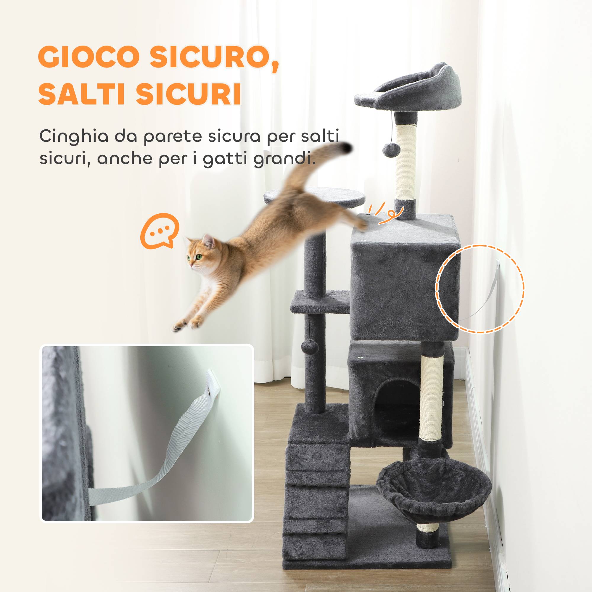 Arbre à chat de 140 cm de haut avec 2 niches, un couchage et un hamac pour 2 à 3 chats, revêtement peluche, gris - Image 8