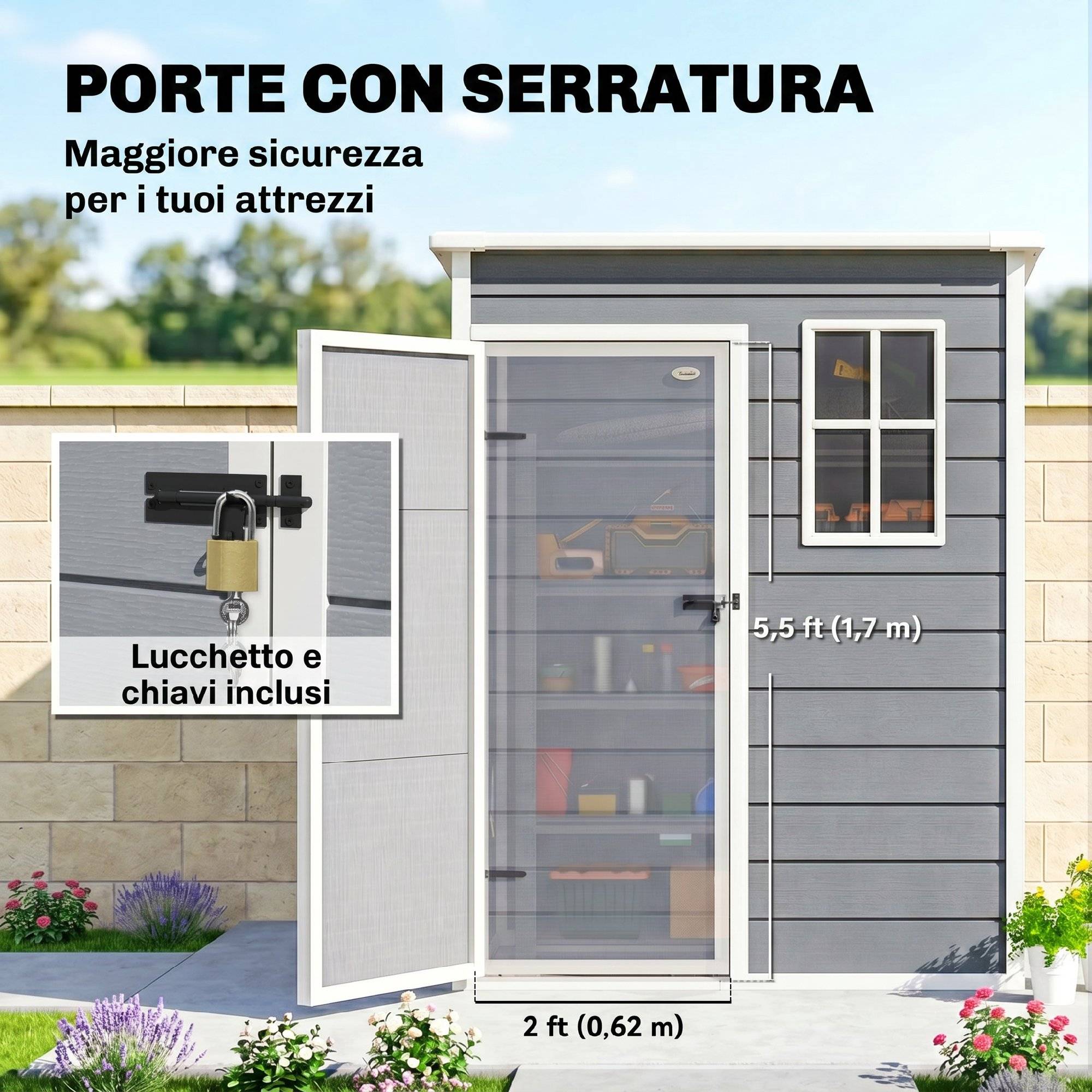 ComfortXL - Abri de jardin en résine PP et aluminium 151 x 92 x 193 cm gris rangement extérieur porte verrouillable - Image 8