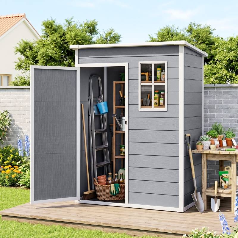 ComfortXL - Abri de jardin en résine PP et aluminium 151 x 92 x 193 cm gris rangement extérieur porte verrouillable - Image 1