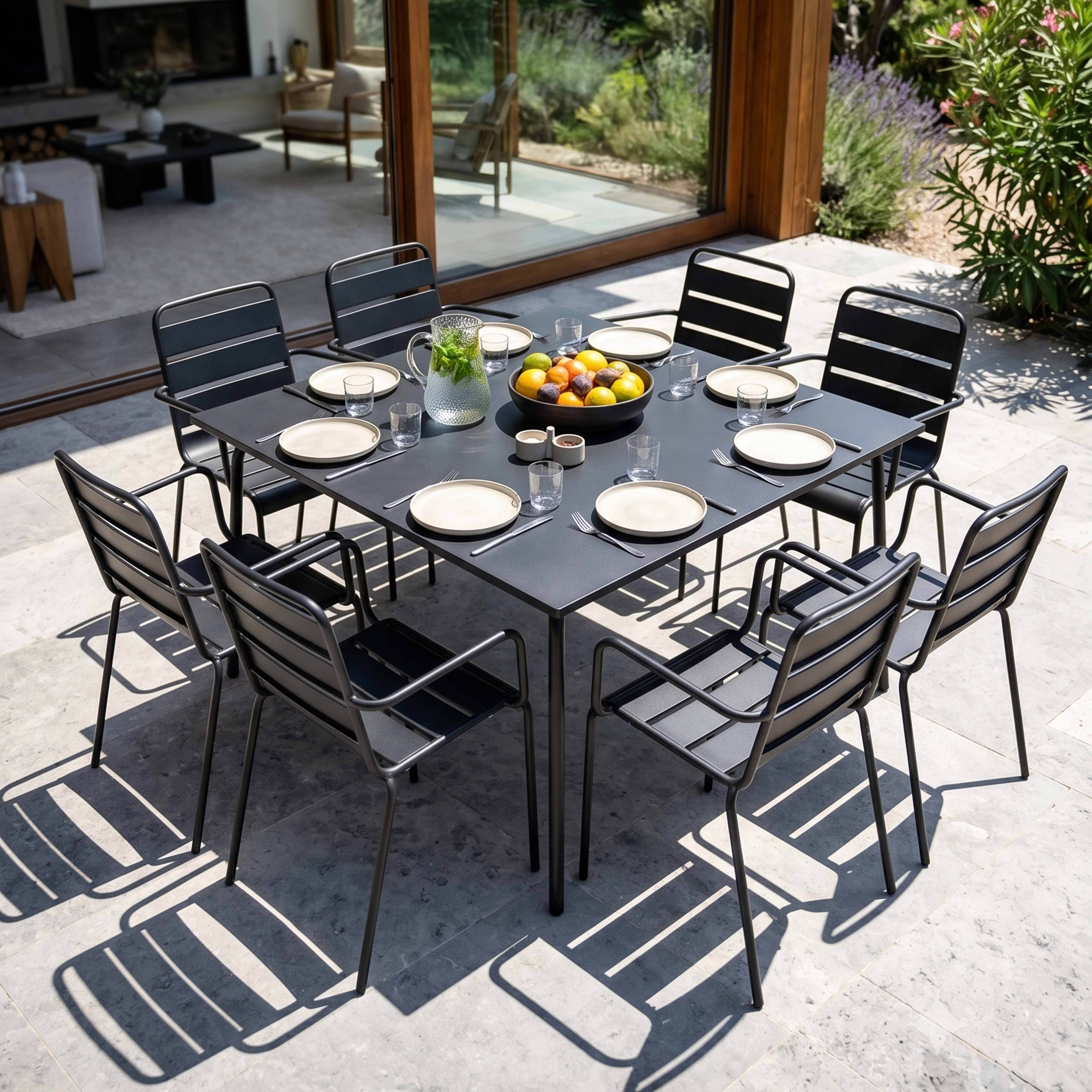 Oviala - Ensemble table de jardin carrée et 8 fauteuils en métal gris Palavas - Oviala - Image 2