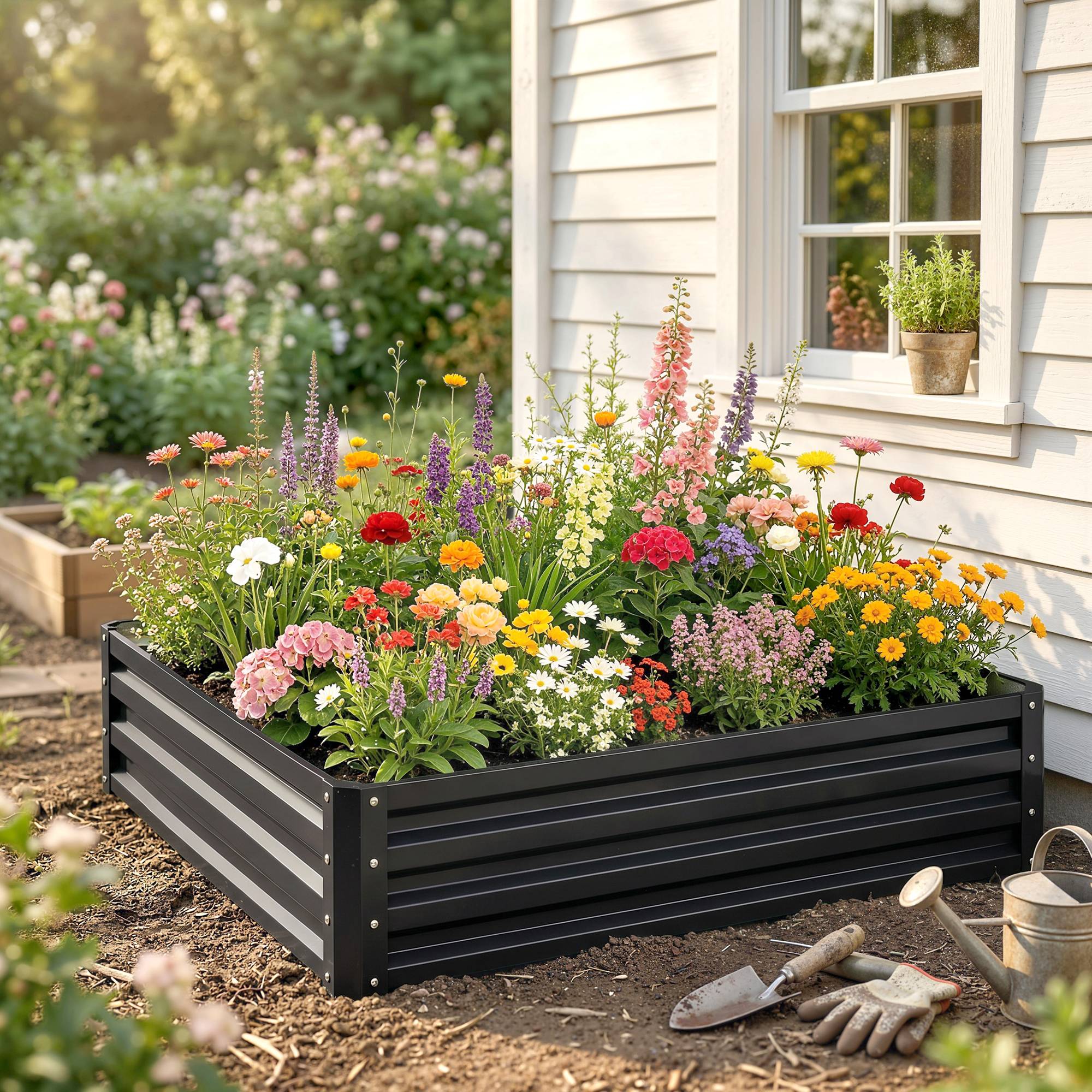Potager Surélevé Fond Ouvert Revêtement Acier Galvanisé, 120x120x30cm, Gris - Image 10