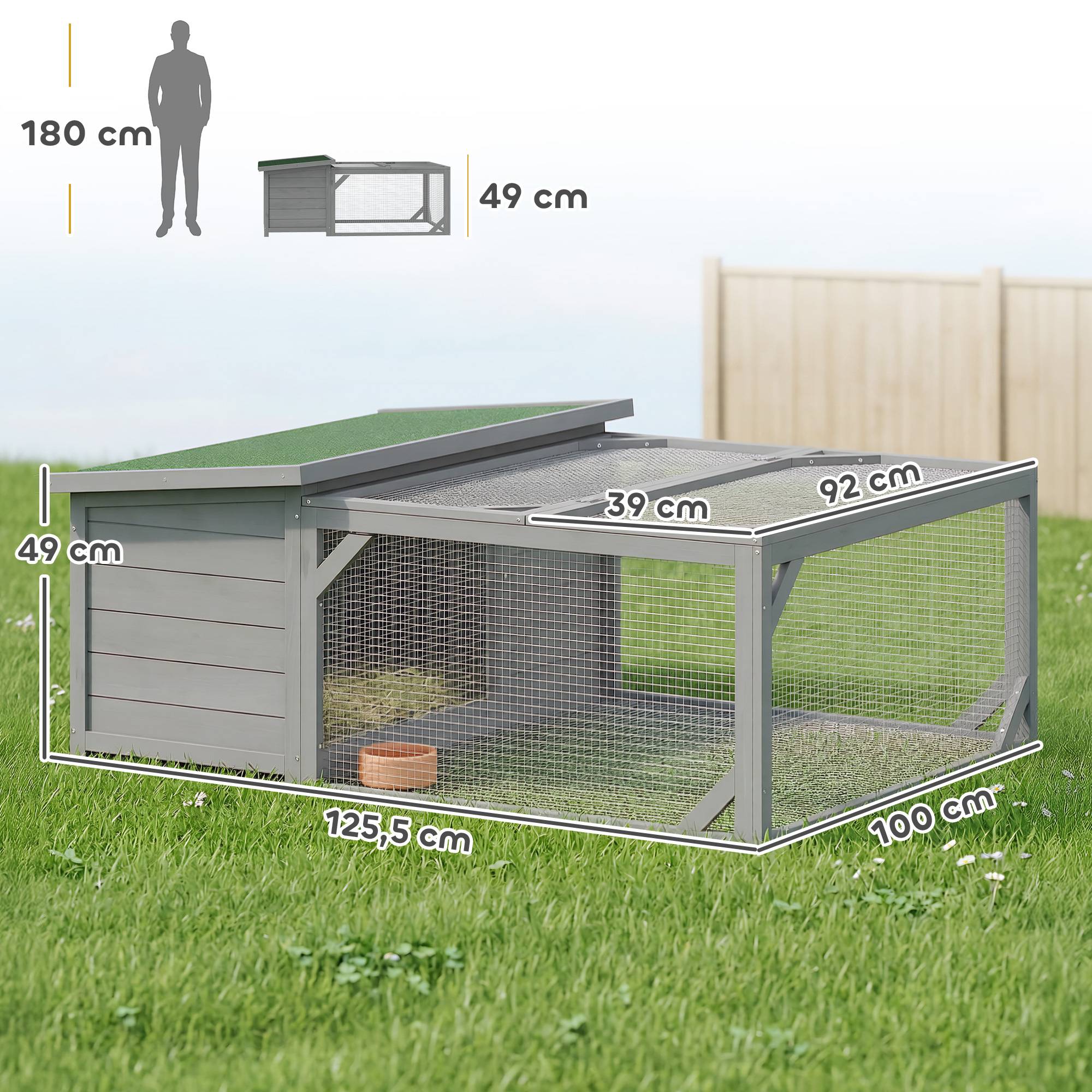 Cage lapins bois, toit ouvrant bitume, enclos, portes, 125,5 x 100 x 49 cm, gris - Image 5