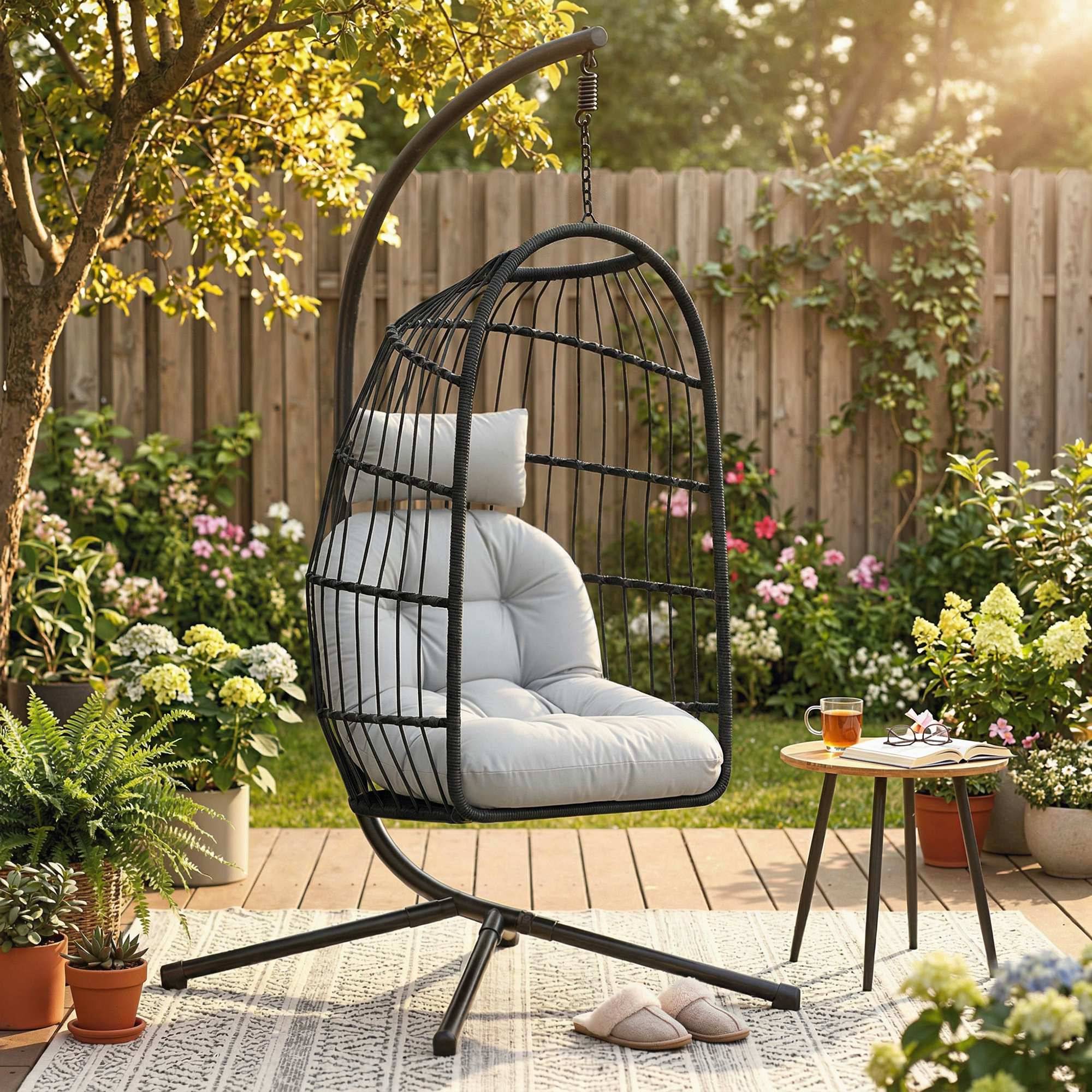 Fauteuil Œuf Suspendu Pliable avec Support Coussin 15cm et Appui-tête Gain de Place Résine Tressée 101x105x196cm Gris - Image 3