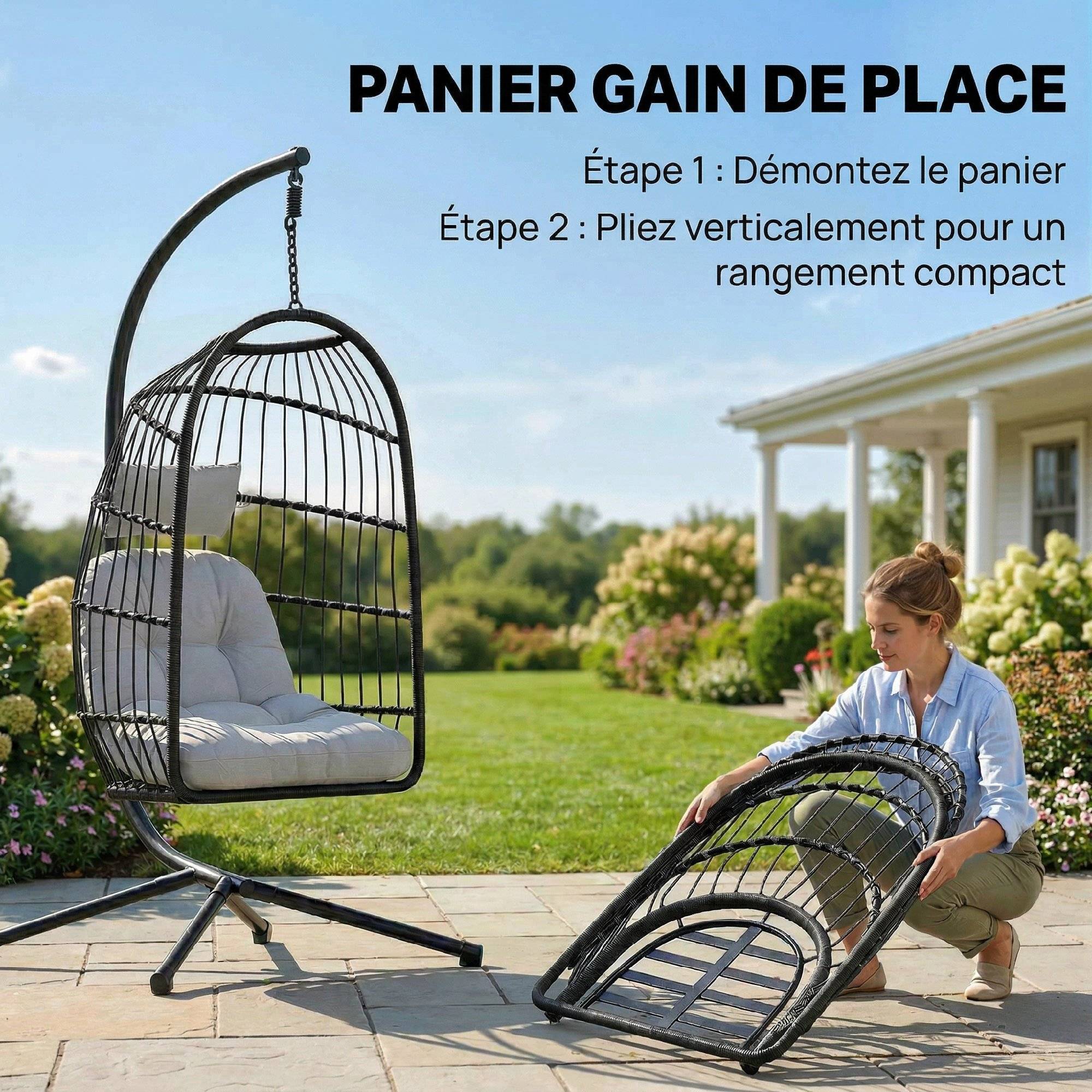 Fauteuil Œuf Suspendu Pliable avec Support Coussin 15cm et Appui-tête Gain de Place Résine Tressée 101x105x196cm Gris - Image 7