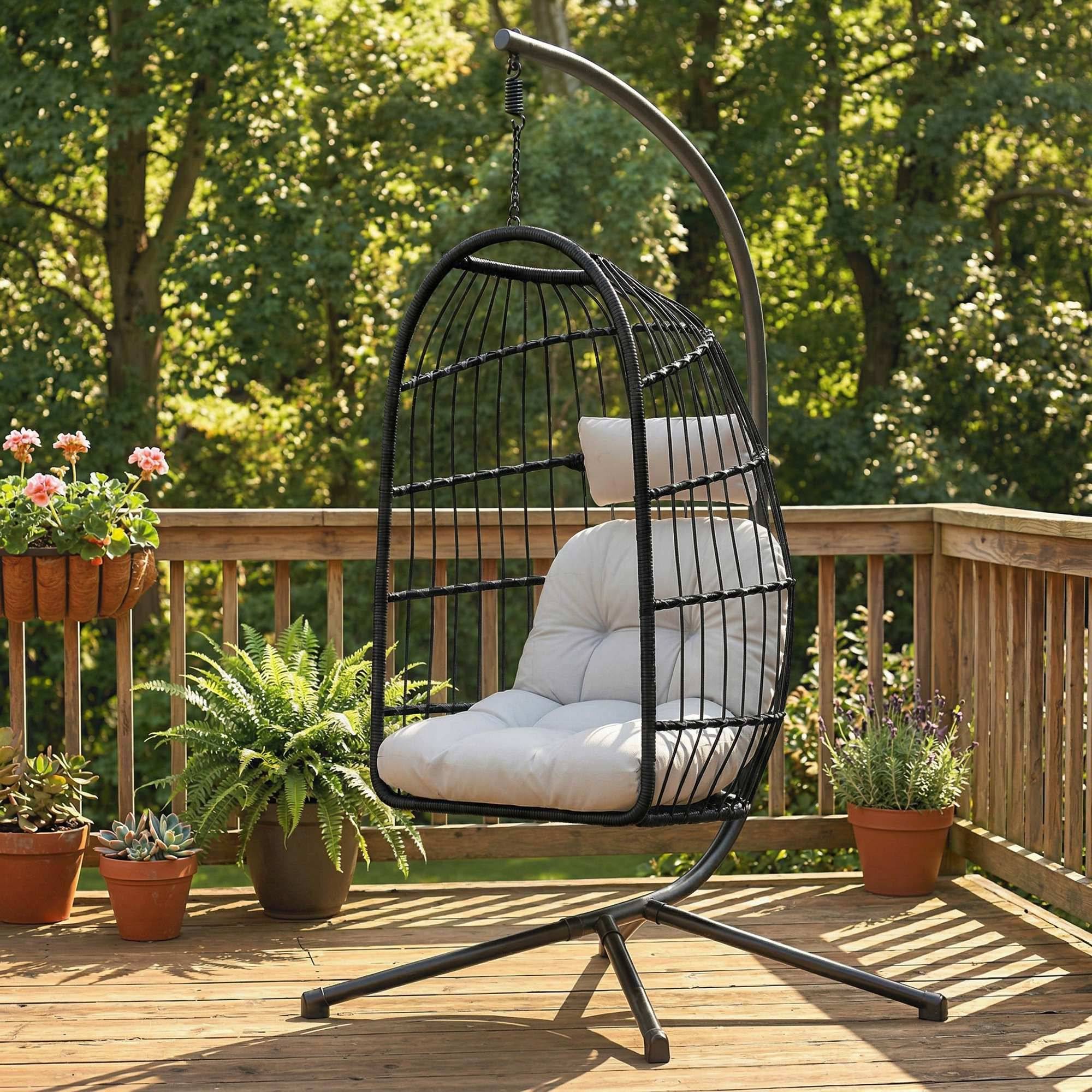 Fauteuil Œuf Suspendu Pliable avec Support Coussin 15cm et Appui-tête Gain de Place Résine Tressée 101x105x196cm Gris - Image 4