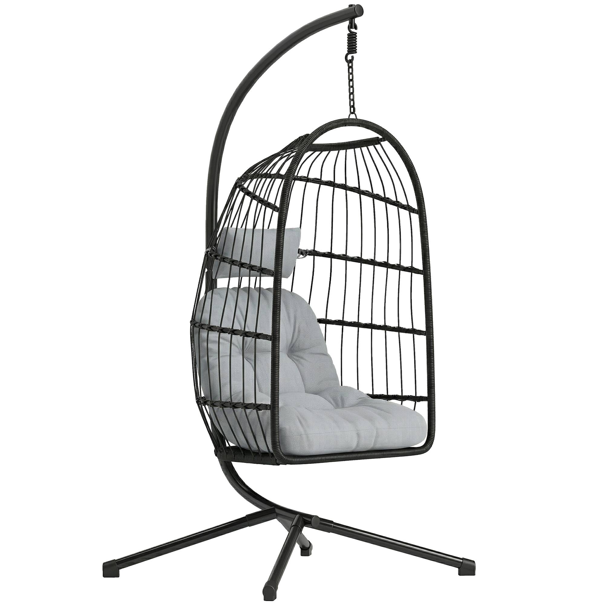 Fauteuil Œuf Suspendu Pliable avec Support Coussin 15cm et Appui-tête Gain de Place Résine Tressée 101x105x196cm Gris - Image 1