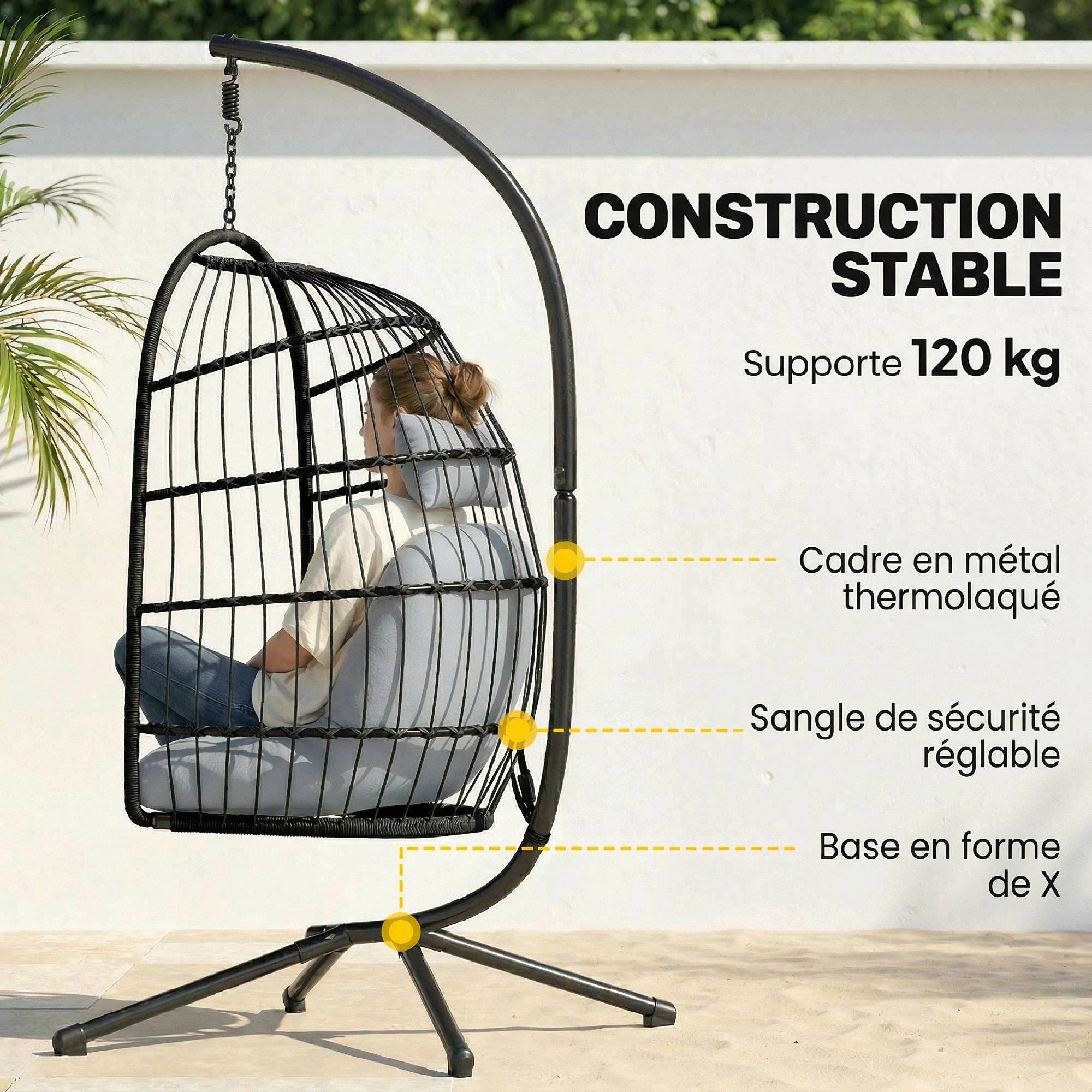 Fauteuil Œuf Suspendu Pliable avec Support Coussin 15cm et Appui-tête Gain de Place Résine Tressée 101x105x196cm Gris - Image 6