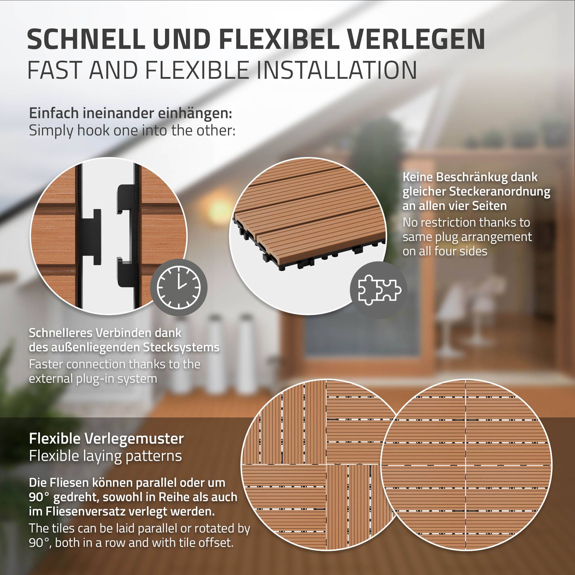 Ecd-Germany - Carreaux WPC de sol 60x30cm 4m² aspect de bois marron clair - Image 5
