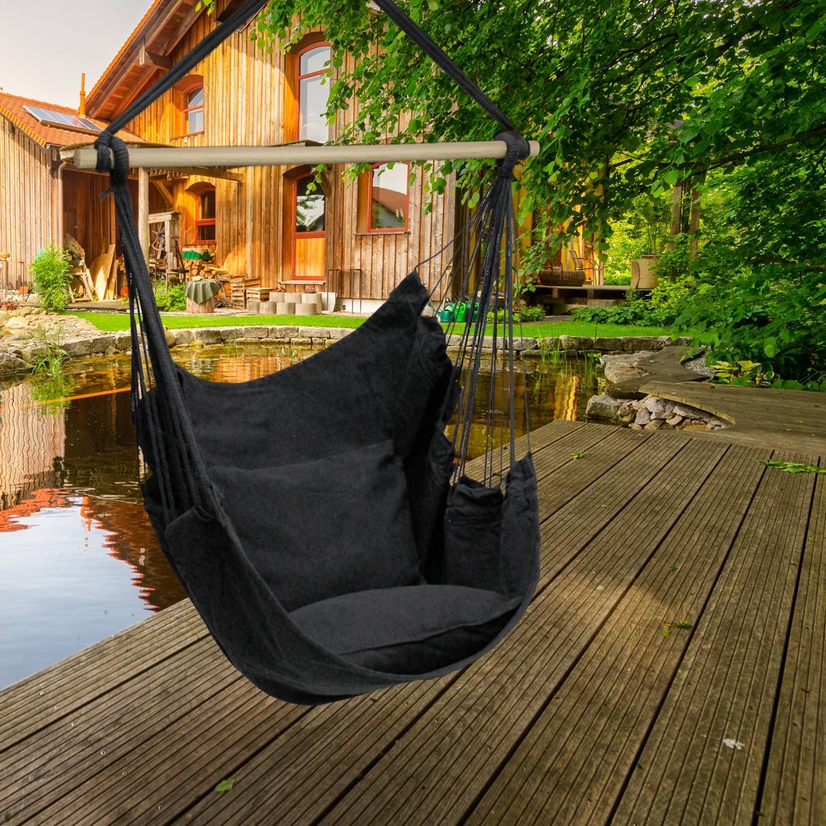 Ecd-Germany - Hamac siège chaise fauteuil suspendu jardin camping anthracite avec 2 oreillers - Image 6