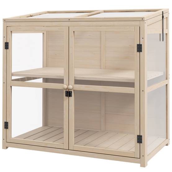 Serre en bois naturel avec toit ouvrant, 103 x 61 x 103 cm, double porte, 2 niveaux - PANGIVO - Image 1