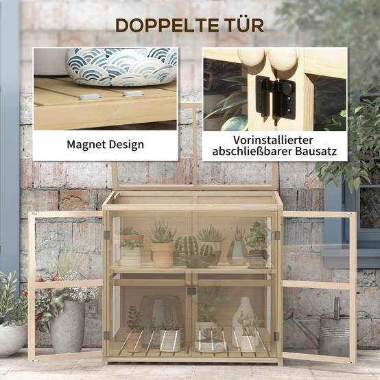Serre en bois naturel avec toit ouvrant, 103 x 61 x 103 cm, double porte, 2 niveaux - PANGIVO - Image 6