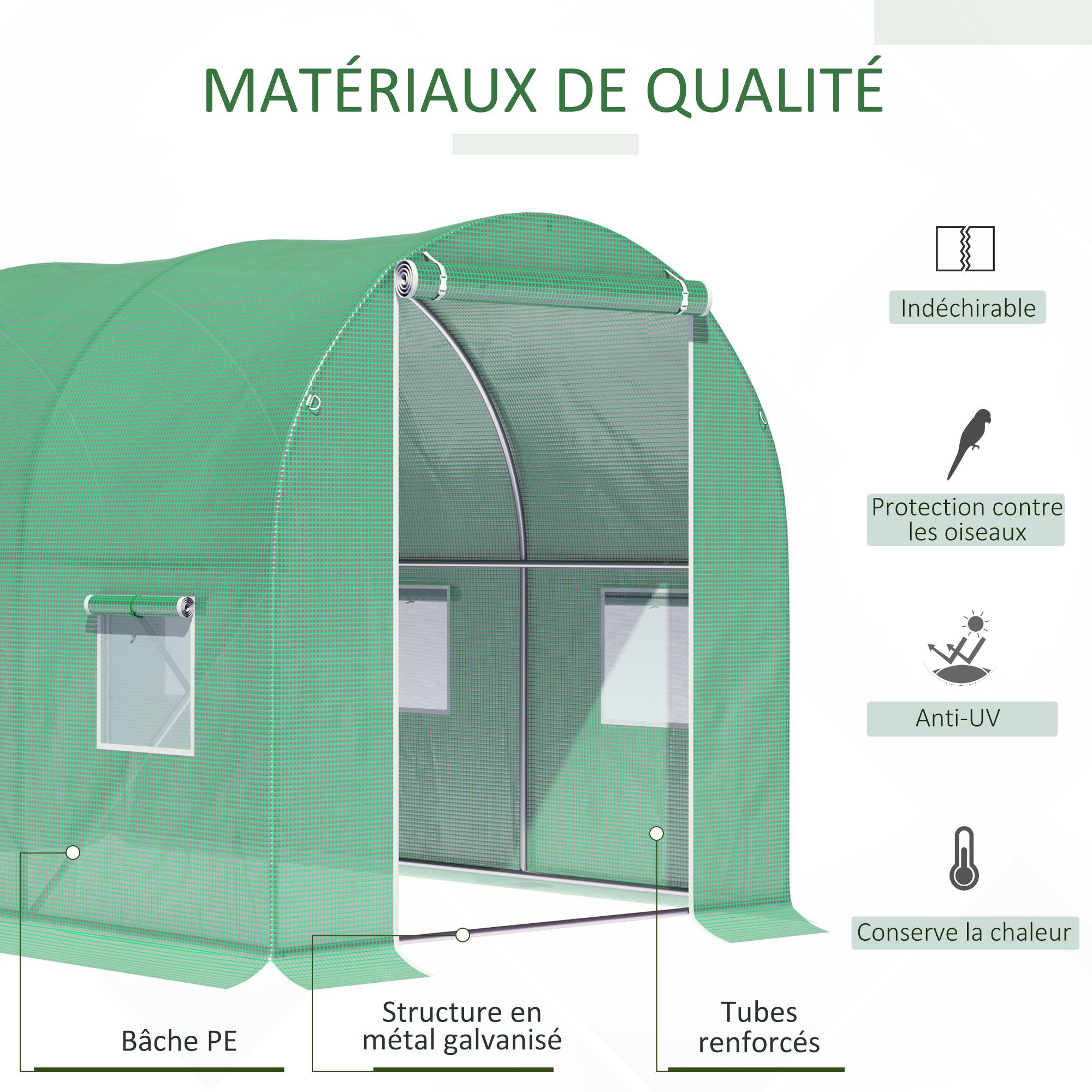 Outsunny - Serre de jardin tunnel 6 m² châssis tubulaire renforcé porte zippée 6 fenêtres enroulables vert - Outsunny - Image 5