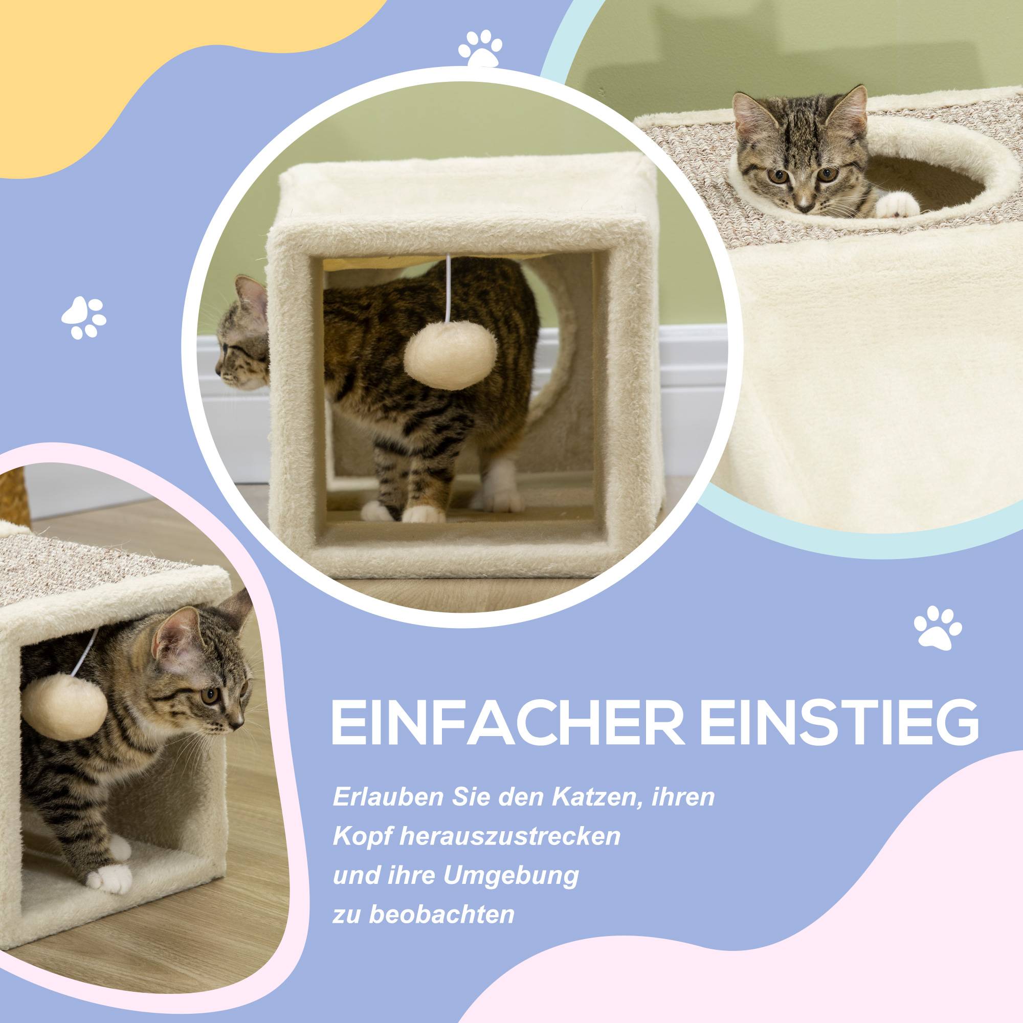 Tunnel pour chat, 2 niches, griffoirs et balles, 98 cm x 30 cm x 30 cm, marron et beige - Image 8