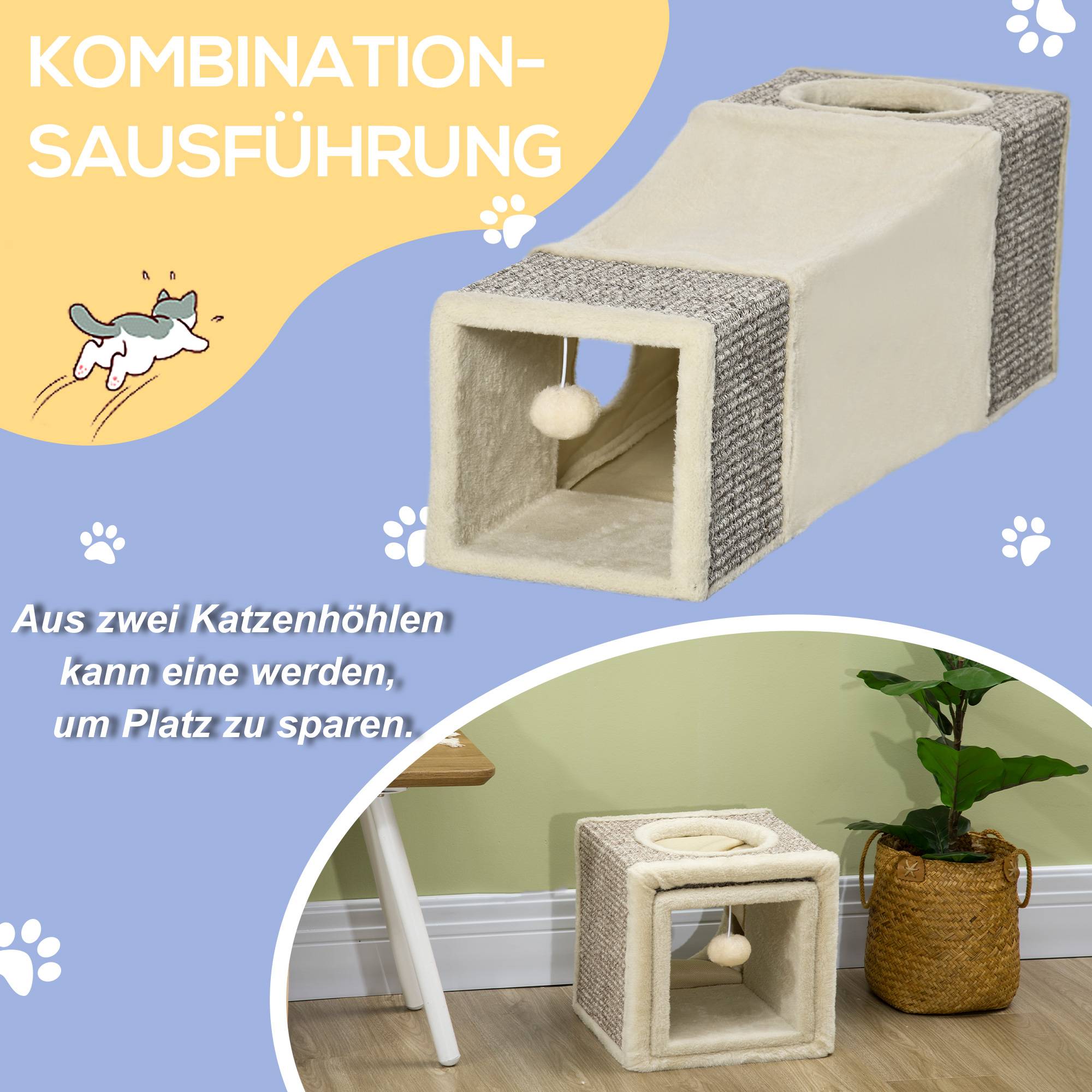 Tunnel pour chat, 2 niches, griffoirs et balles, 98 cm x 30 cm x 30 cm, marron et beige - Image 6