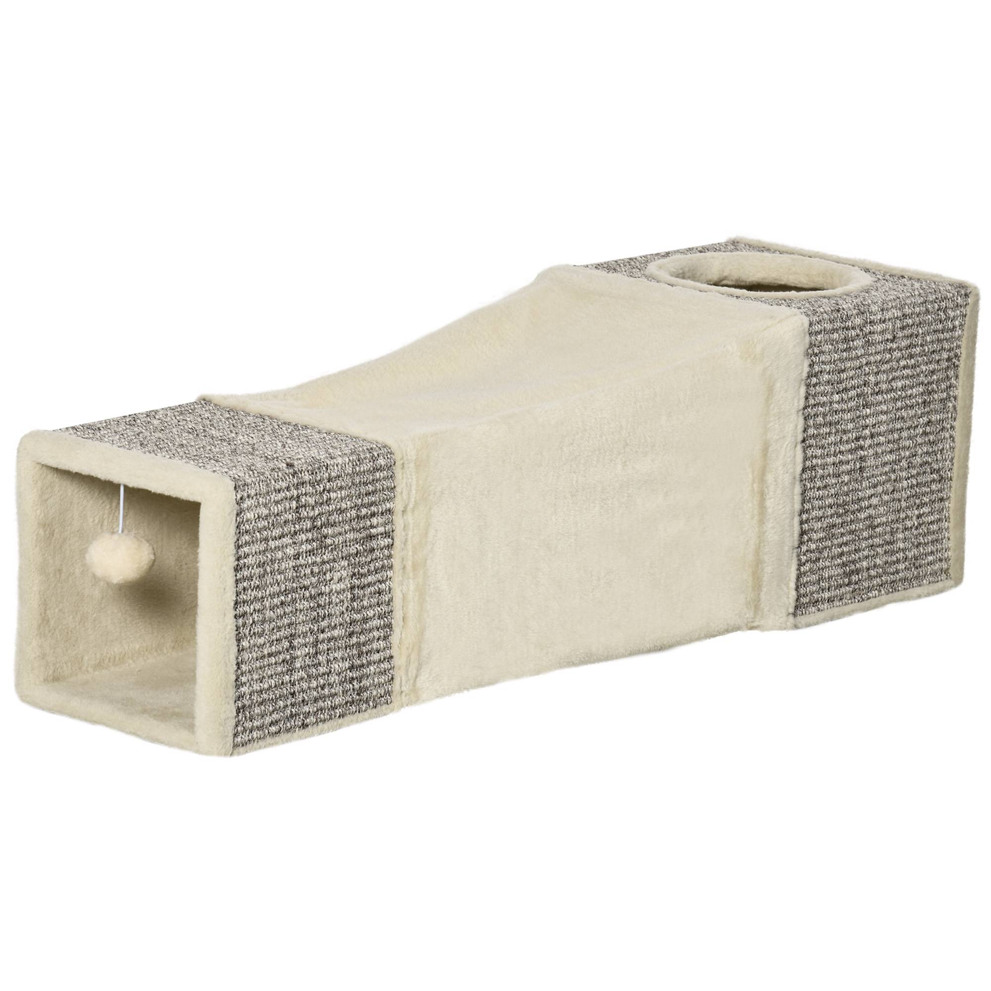 Tunnel pour chat, 2 niches, griffoirs et balles, 98 cm x 30 cm x 30 cm, marron et beige - Image 2