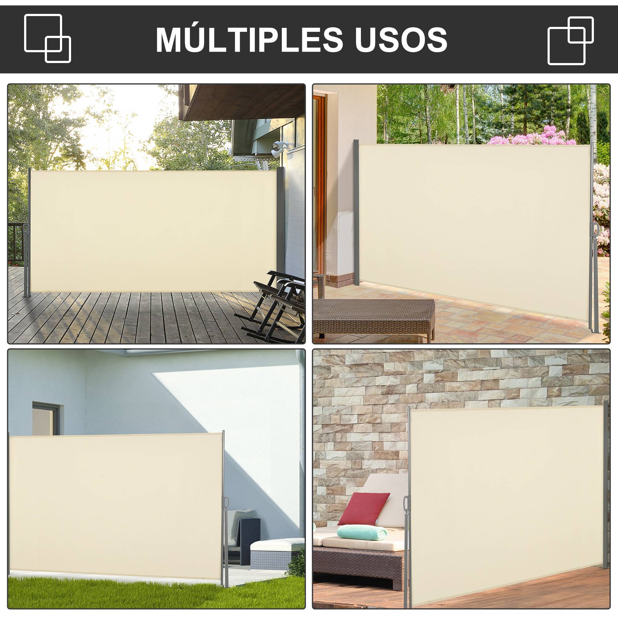 Store latéral rétractable 300 x 160 cm, enrouleur, protection solaire et intimité, pour balcon et terrasse, couleur crème. - Image 8