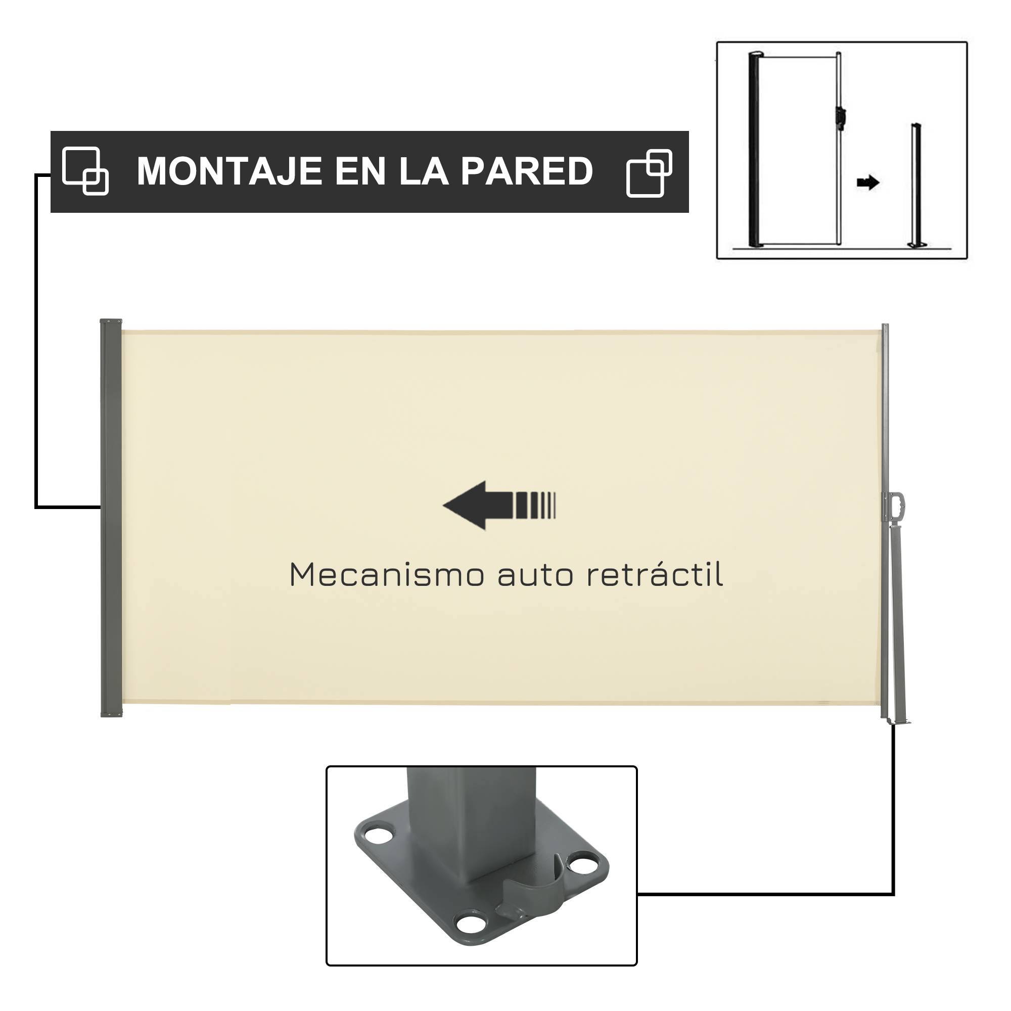Store latéral rétractable 300 x 160 cm, enrouleur, protection solaire et intimité, pour balcon et terrasse, couleur crème. - Image 6