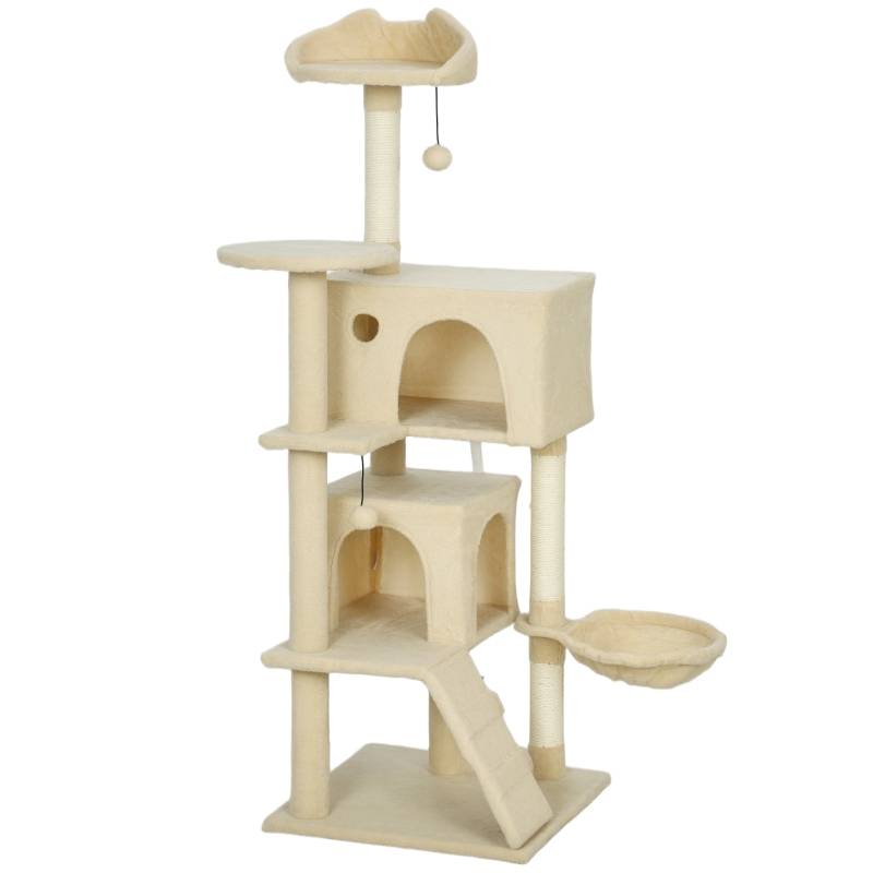 Arbre à chat 140 cm avec hamac, échelle, grotte, 2 balles en peluche, poteaux en sisal, 48 x 48 x 140 cm, beige - Image 1