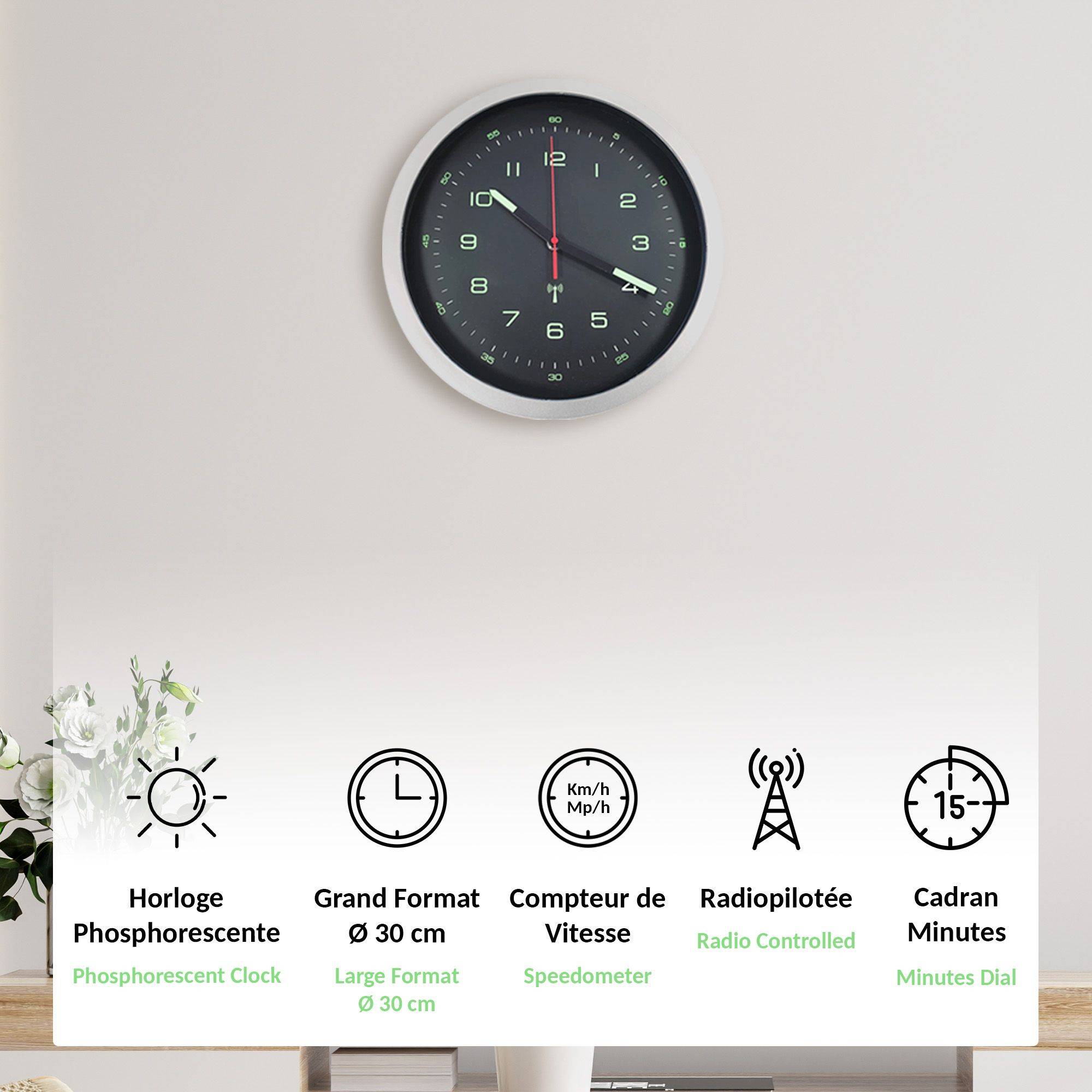 Horloge Murale Style Compteur - Fond Noir Cadre Argent Chiffres Phosphorescents  Ø30 Cm - Image 3