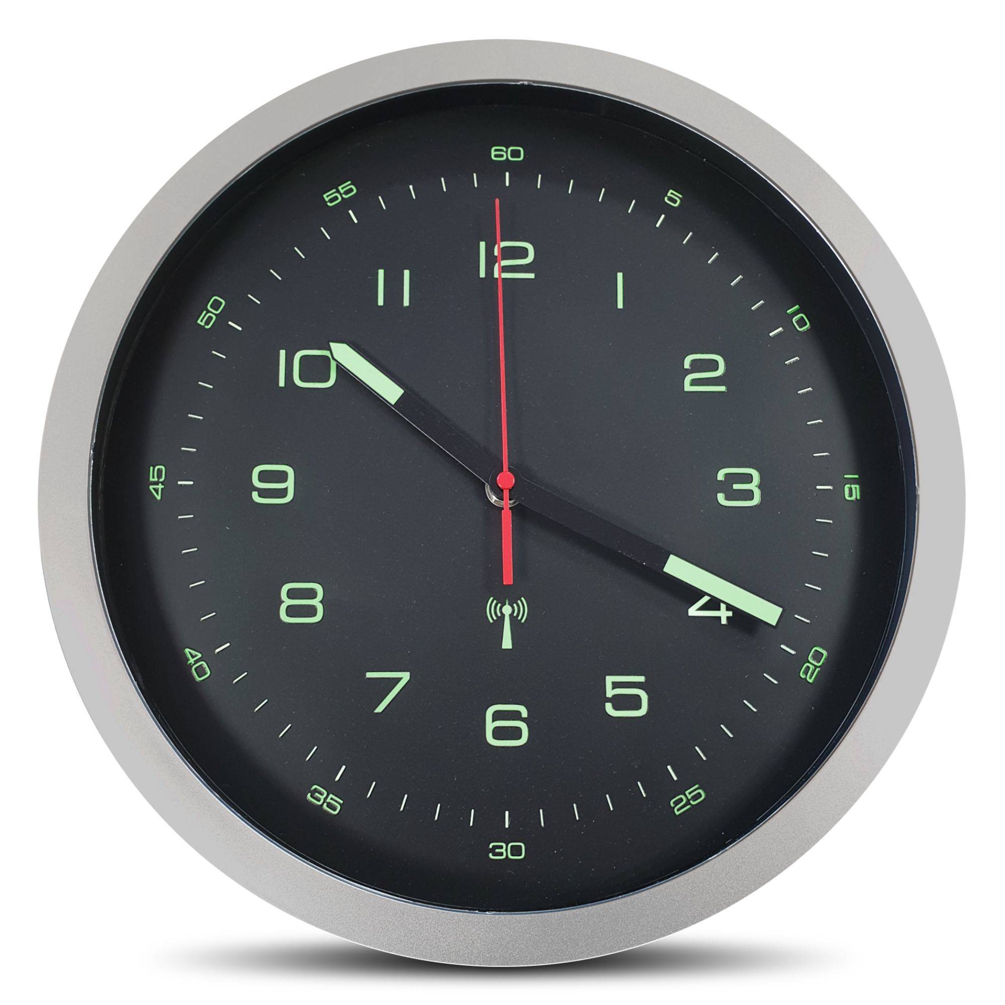 Horloge Murale Style Compteur - Fond Noir Cadre Argent Chiffres Phosphorescents  Ø30 Cm - Image 1